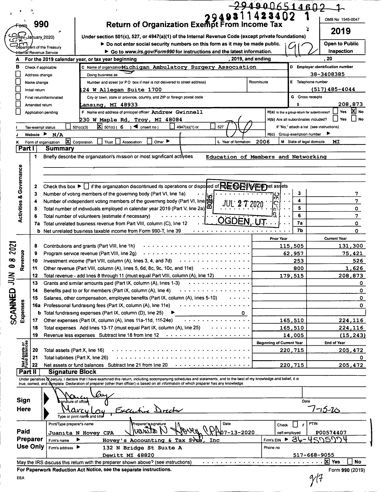 Image of first page of 2019 Form 990O for Michigan Ambulatory Surgery Association