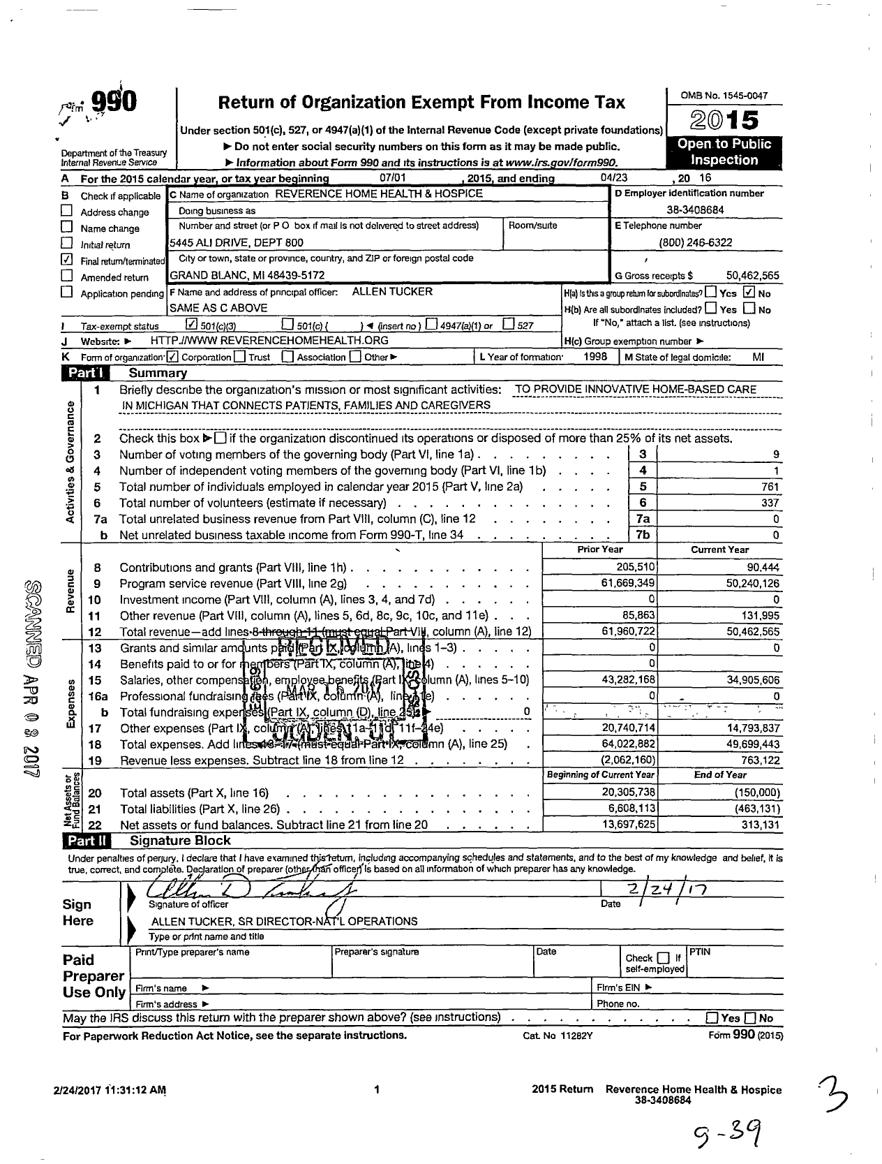 Image of first page of 2015 Form 990 for Reverence Home Health and Hospice