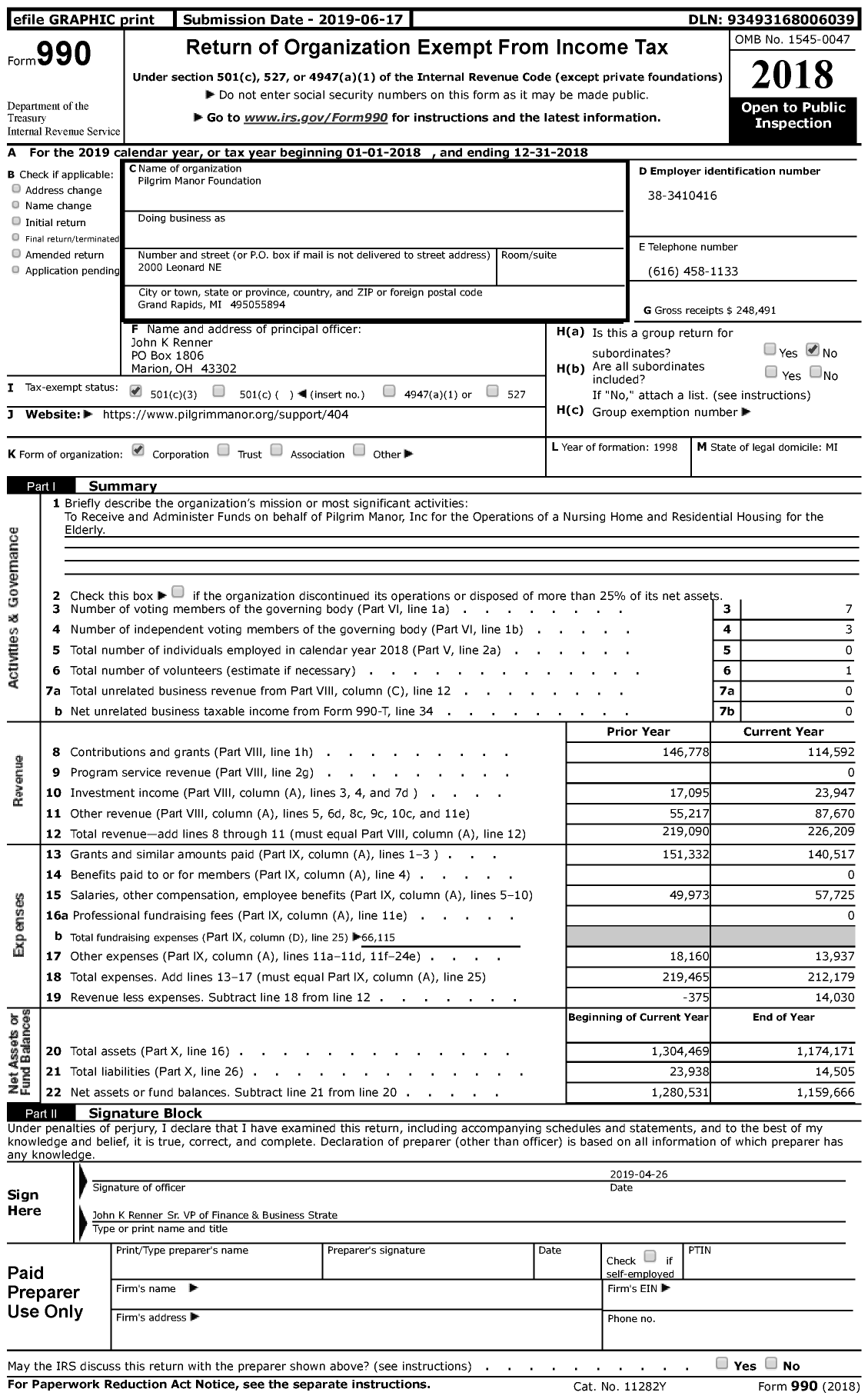 Image of first page of 2018 Form 990 for Pilgrim Manor Foundation