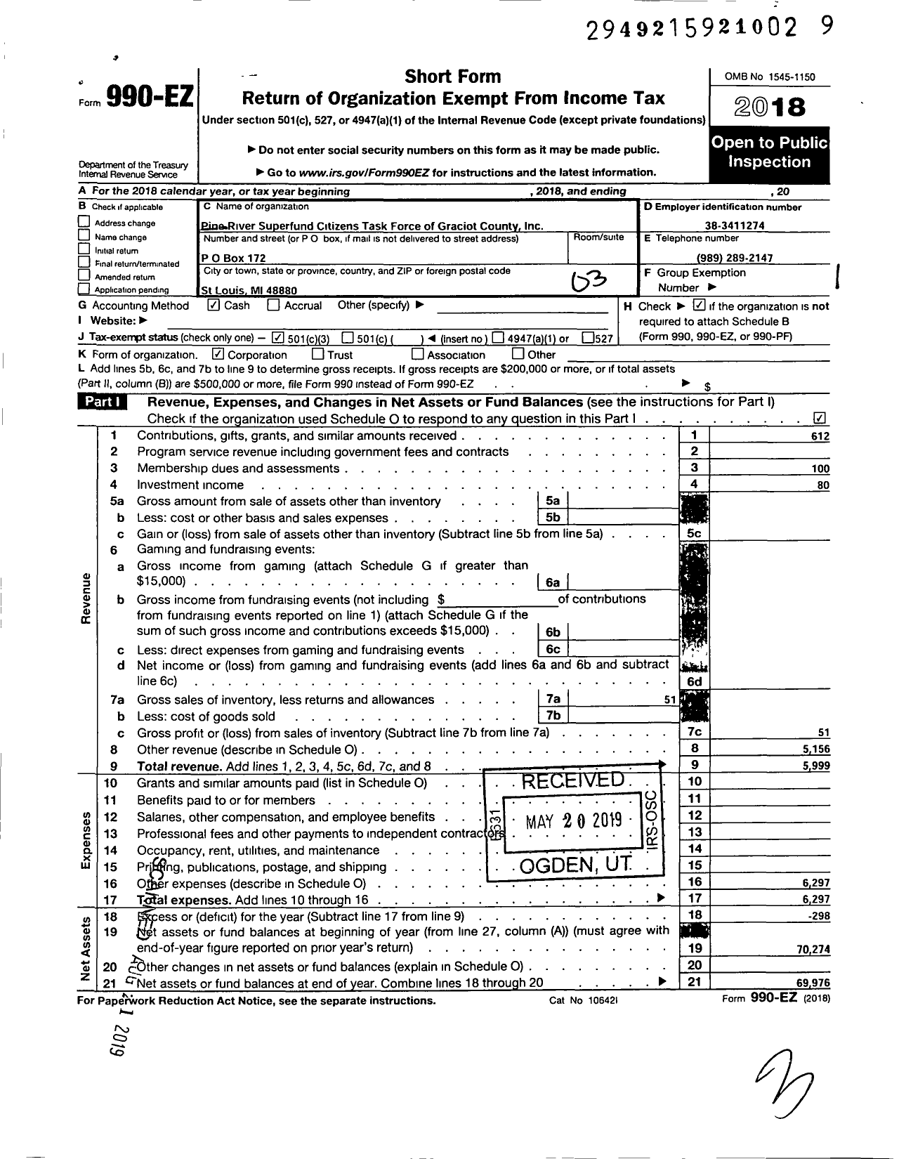 Image of first page of 2018 Form 990EZ for Pine River Superfund Citizens Task