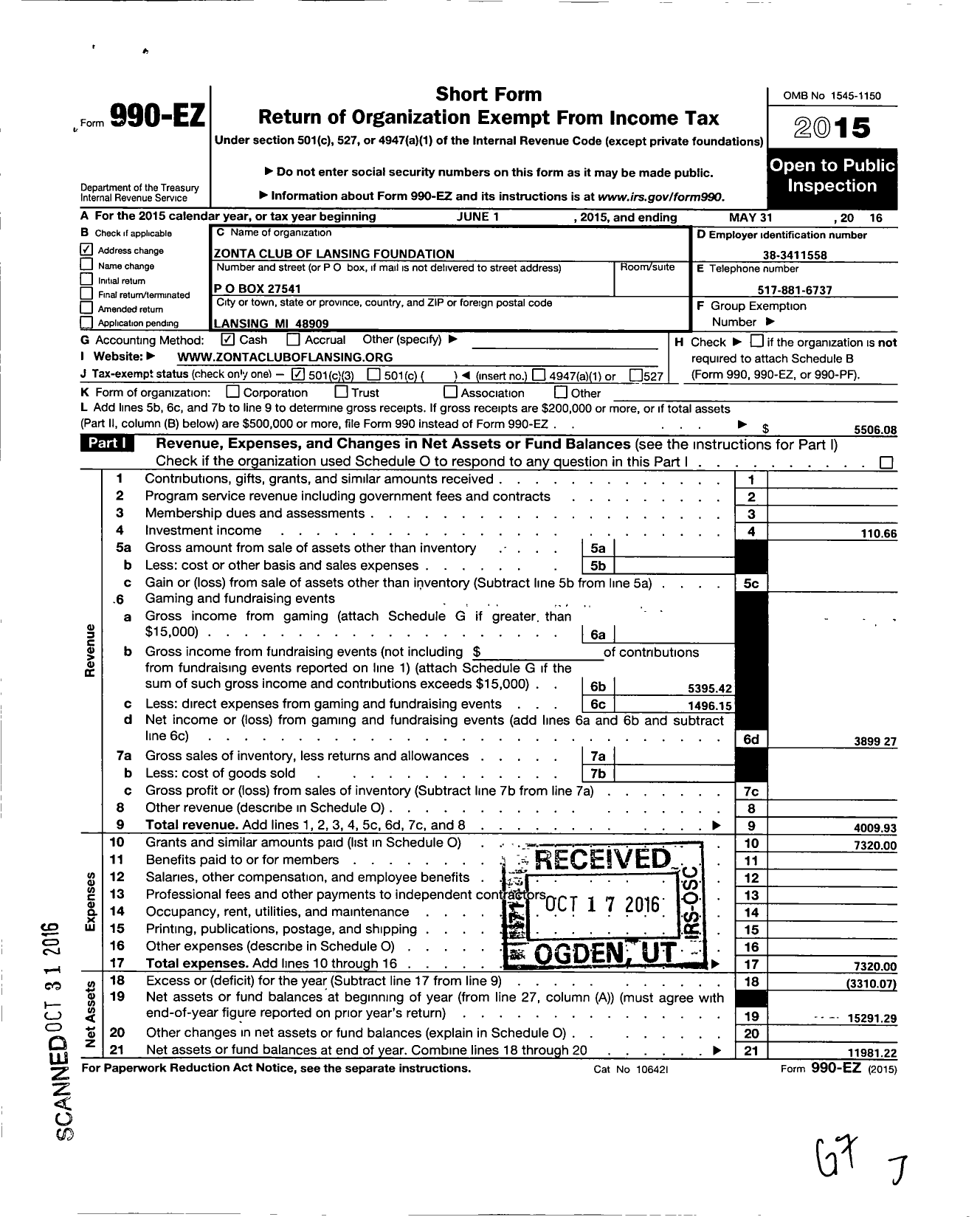 Image of first page of 2015 Form 990EZ for Zonta Club of Lansing Foundation