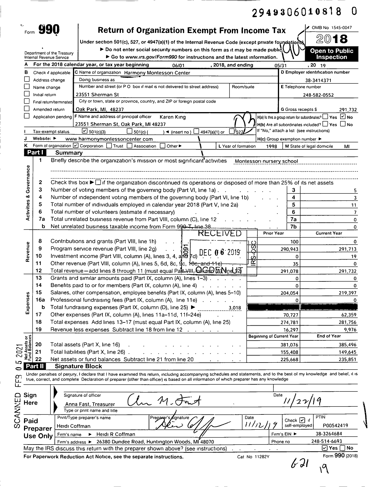 Image of first page of 2018 Form 990 for Harmony Montessori Center