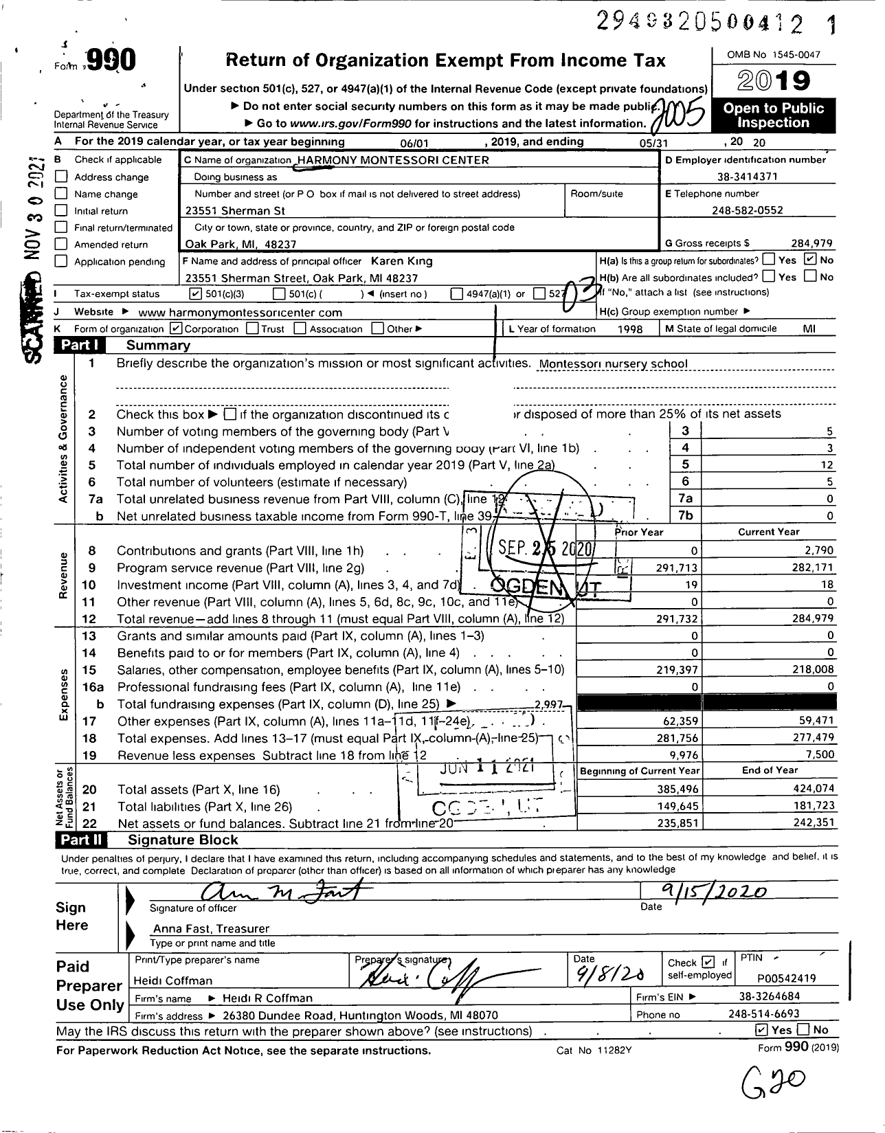 Image of first page of 2019 Form 990 for Harmony Montessori Center