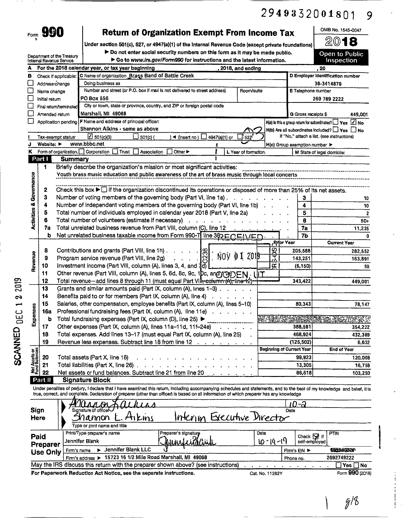 Image of first page of 2018 Form 990 for Brass Band of Battle Creek