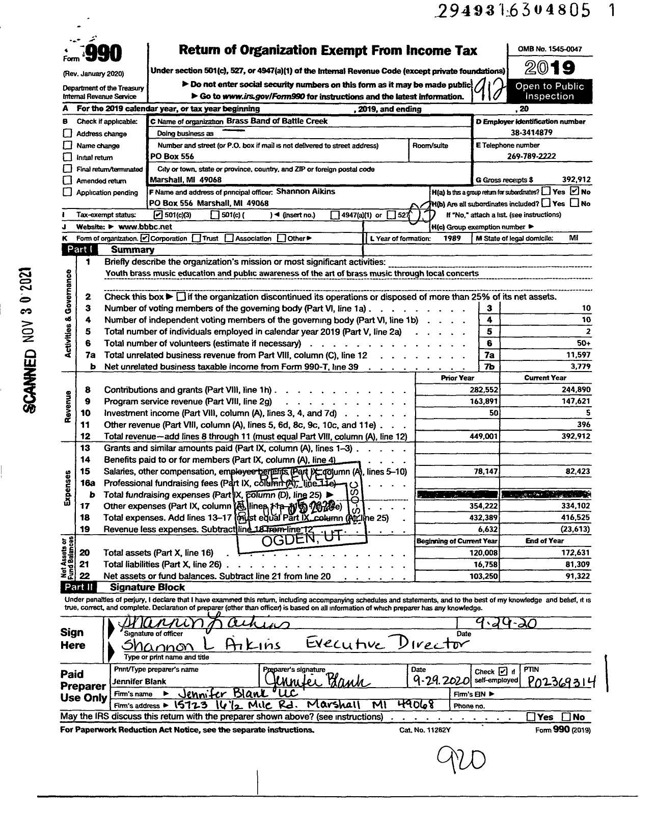 Image of first page of 2019 Form 990 for Brass Band of Battle Creek