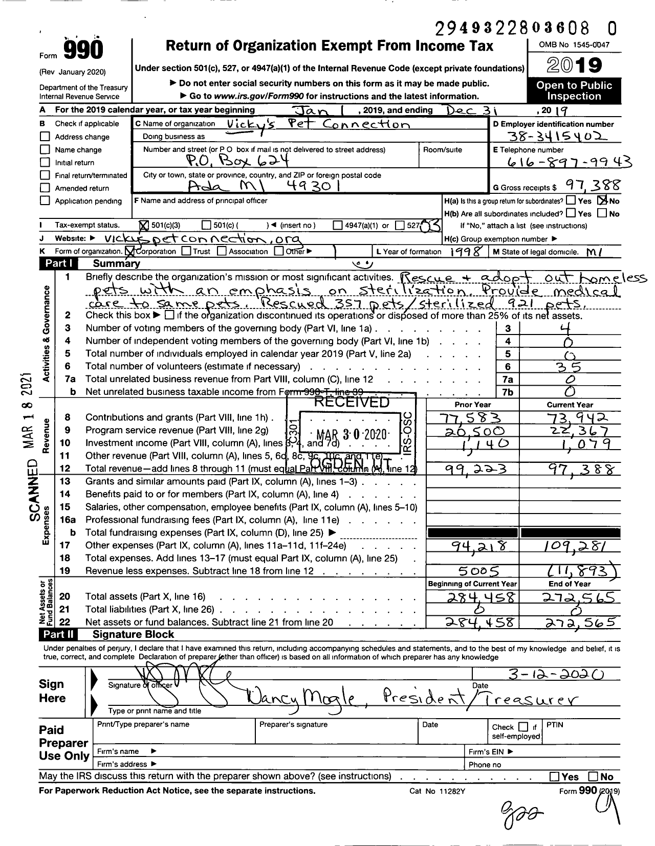 Image of first page of 2019 Form 990 for Vickys Pet Connection