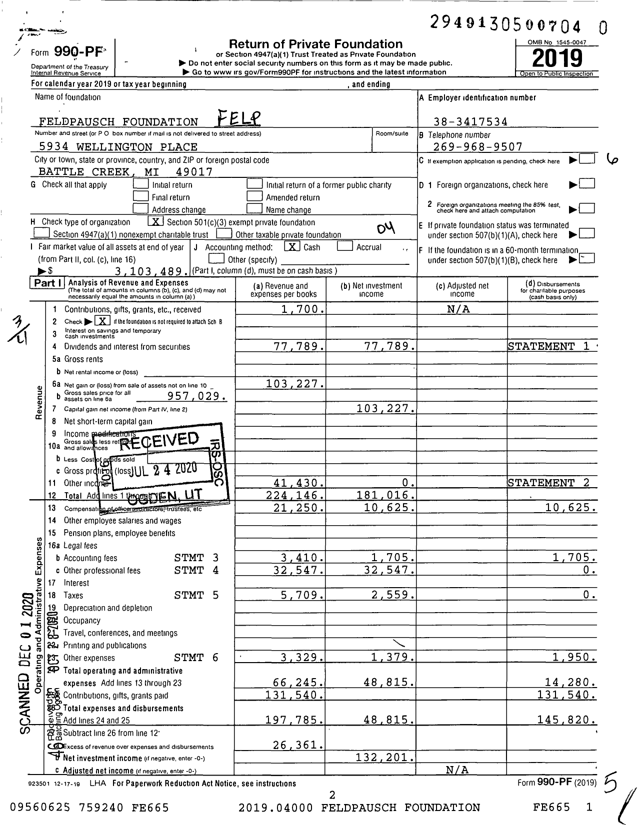 Image of first page of 2019 Form 990PF for Feldpausch Foundation