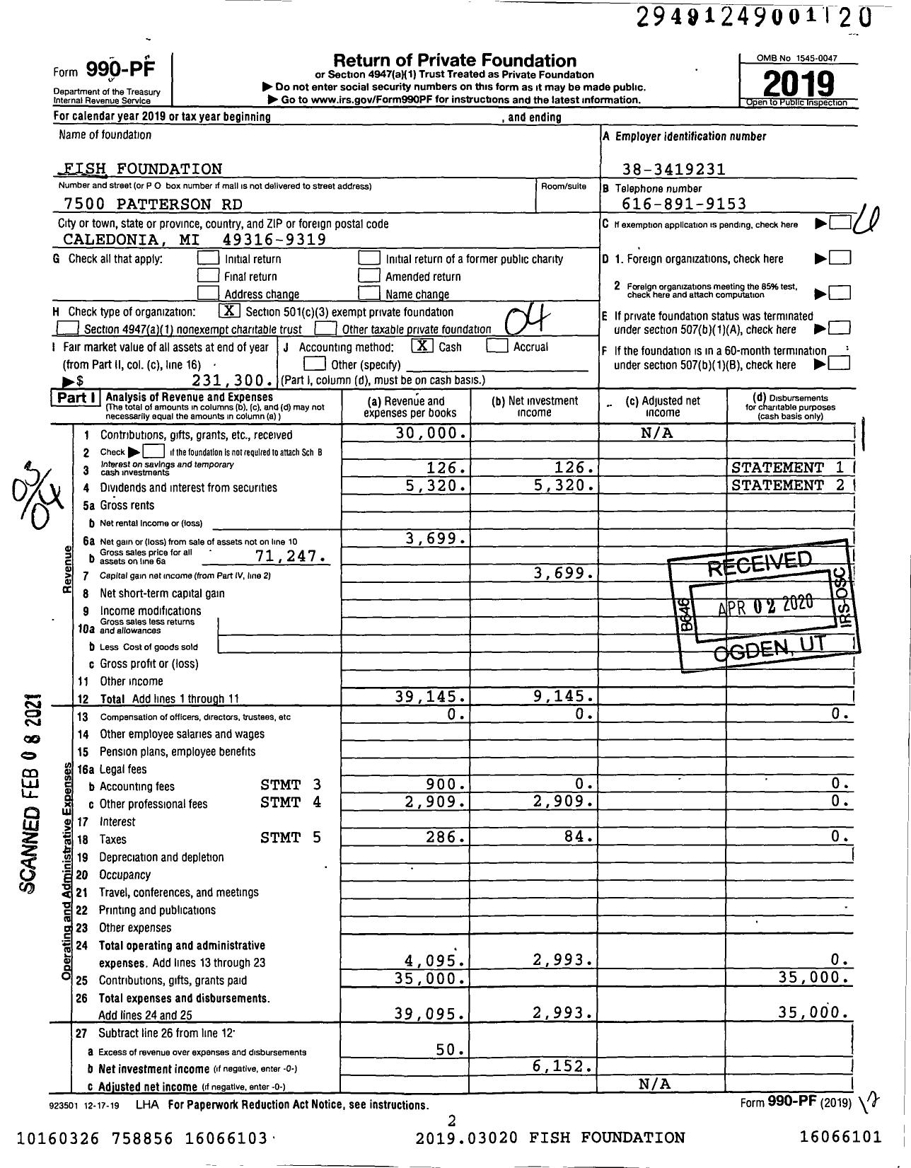 Image of first page of 2019 Form 990PF for Fish Foundation