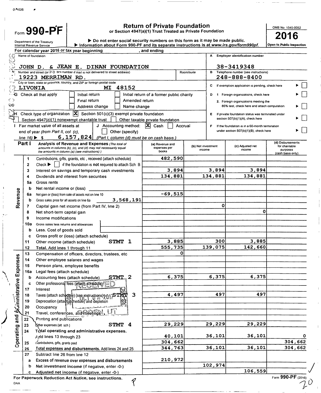 Image of first page of 2016 Form 990PF for John D and Jean E Dinan Foundation