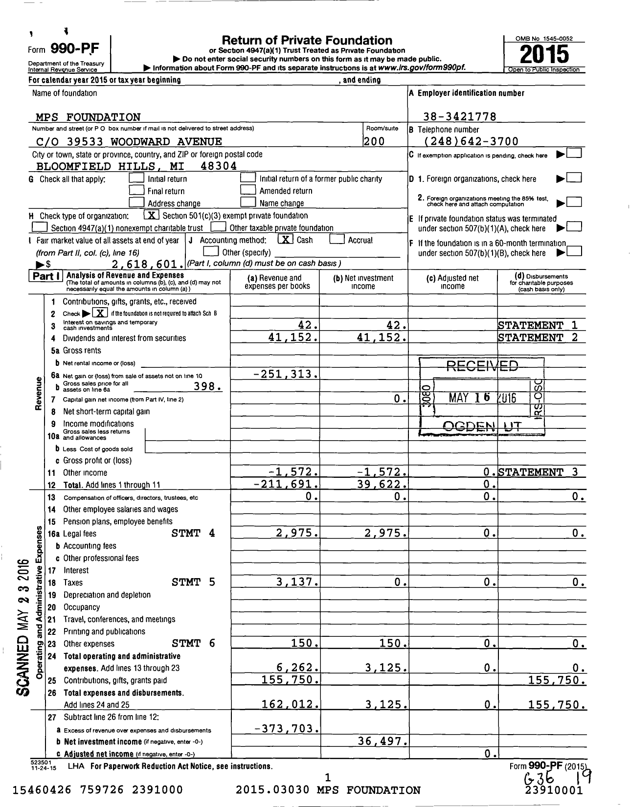 Image of first page of 2015 Form 990PF for MPS Foundation