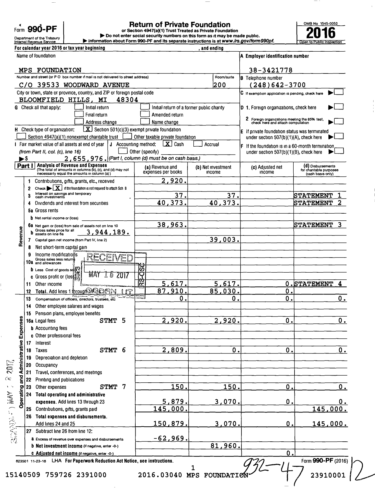 Image of first page of 2016 Form 990PF for MPS Foundation