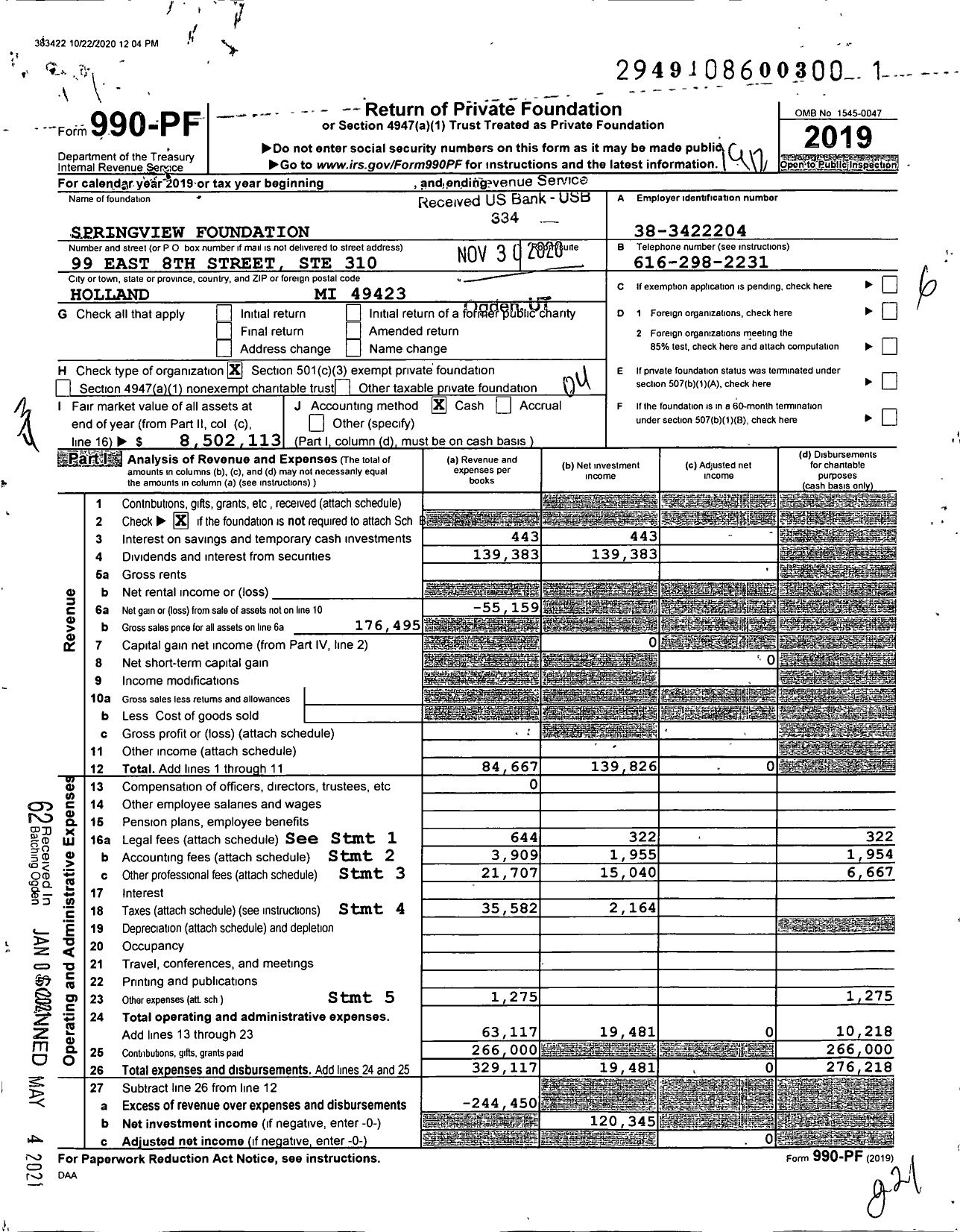 Image of first page of 2019 Form 990PF for Springview Foundation