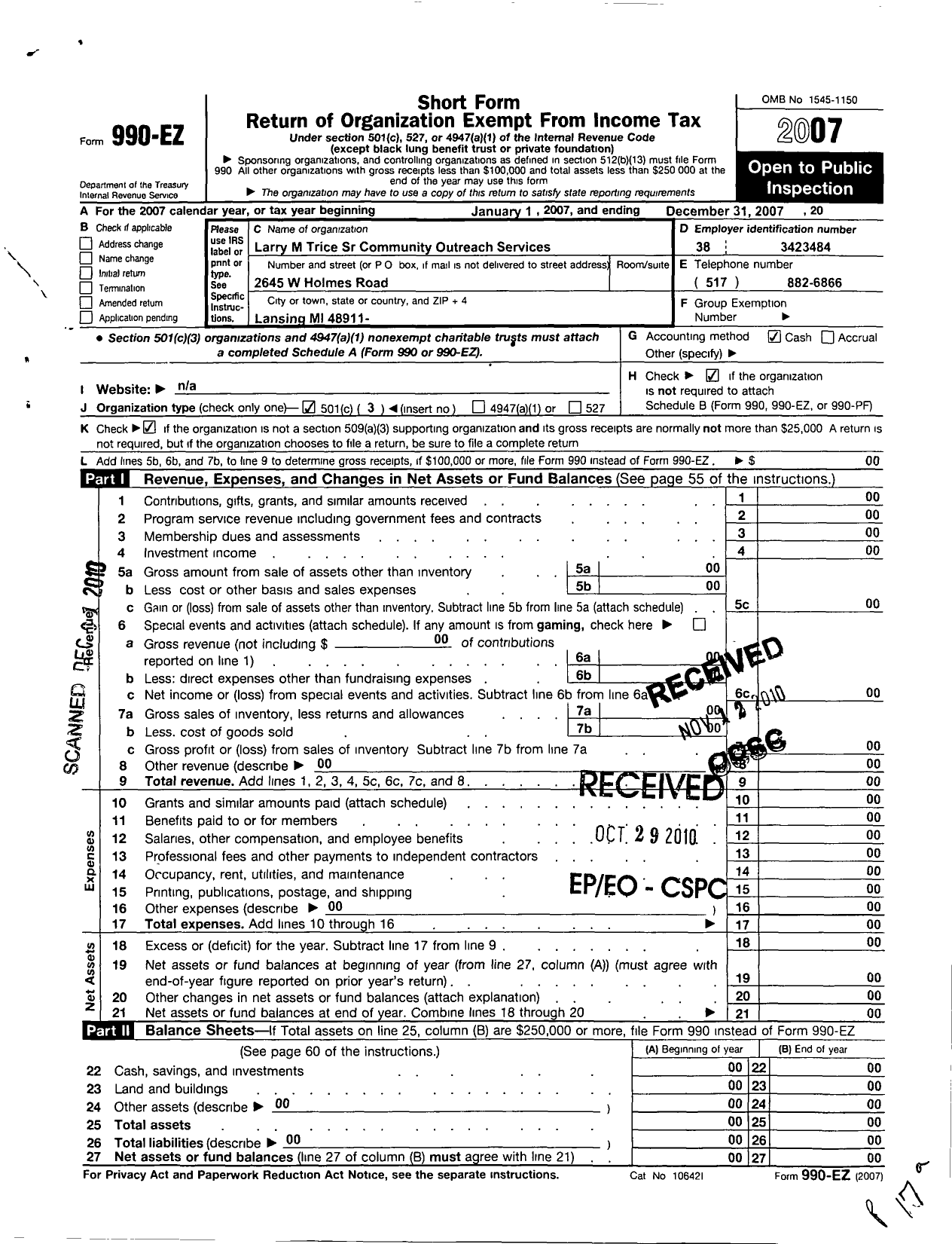 Image of first page of 2007 Form 990EZ for Larry M Trice Sr Community Outreach Services