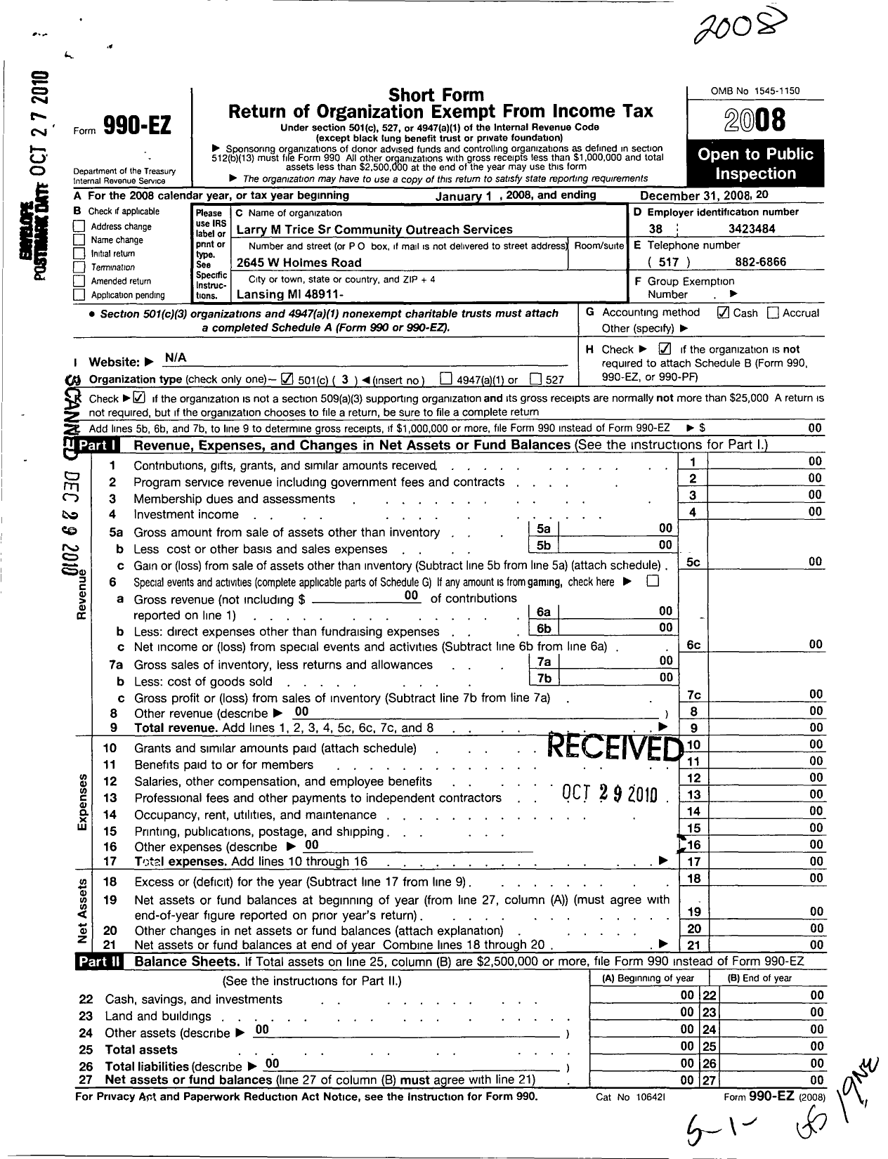 Image of first page of 2008 Form 990EZ for Larry M Trice Sr Community Outreach Services