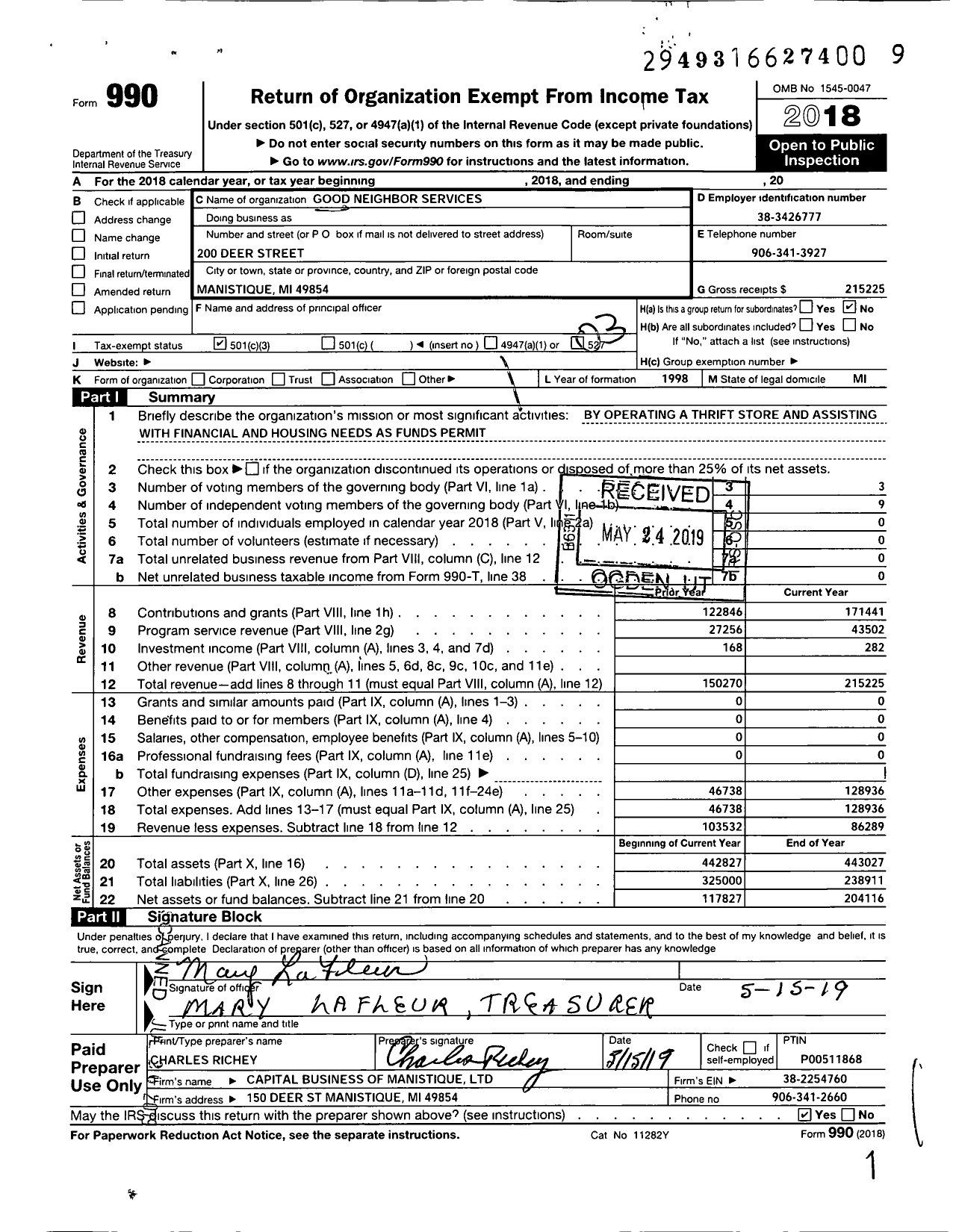 Image of first page of 2018 Form 990 for Good Neighbor Services