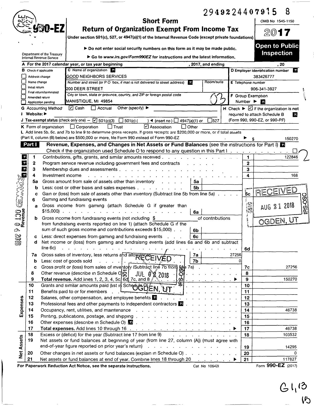 Image of first page of 2017 Form 990EZ for Good Neighbor Services