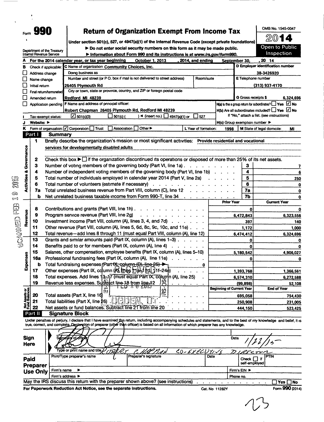 Image of first page of 2013 Form 990 for Community Choices Incorporated