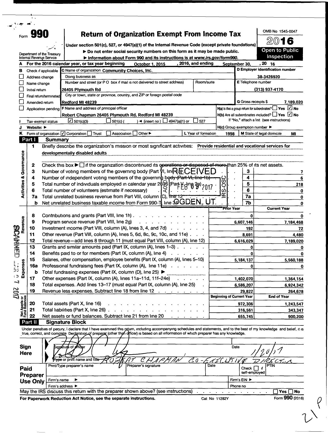 Image of first page of 2015 Form 990 for Community Choices Incorporated