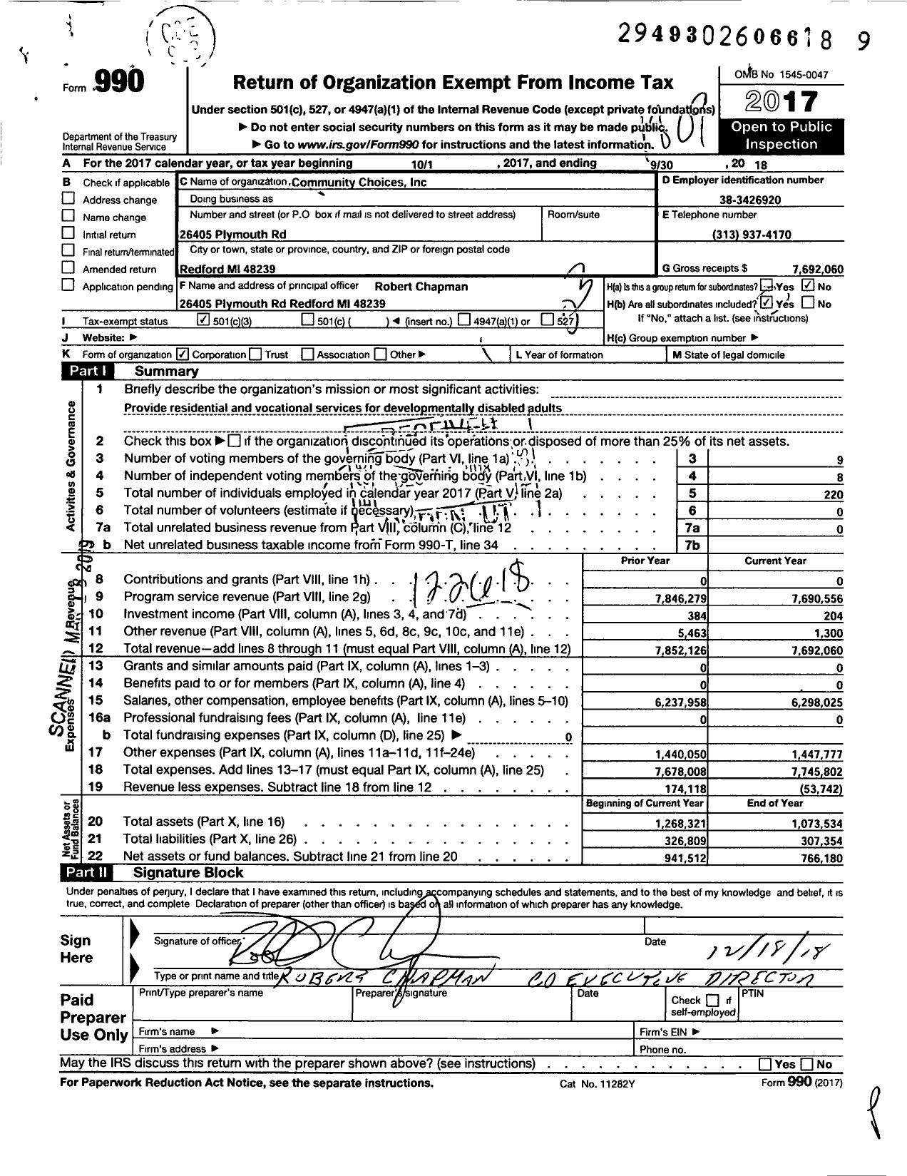 Image of first page of 2017 Form 990 for Community Choices Incorporated
