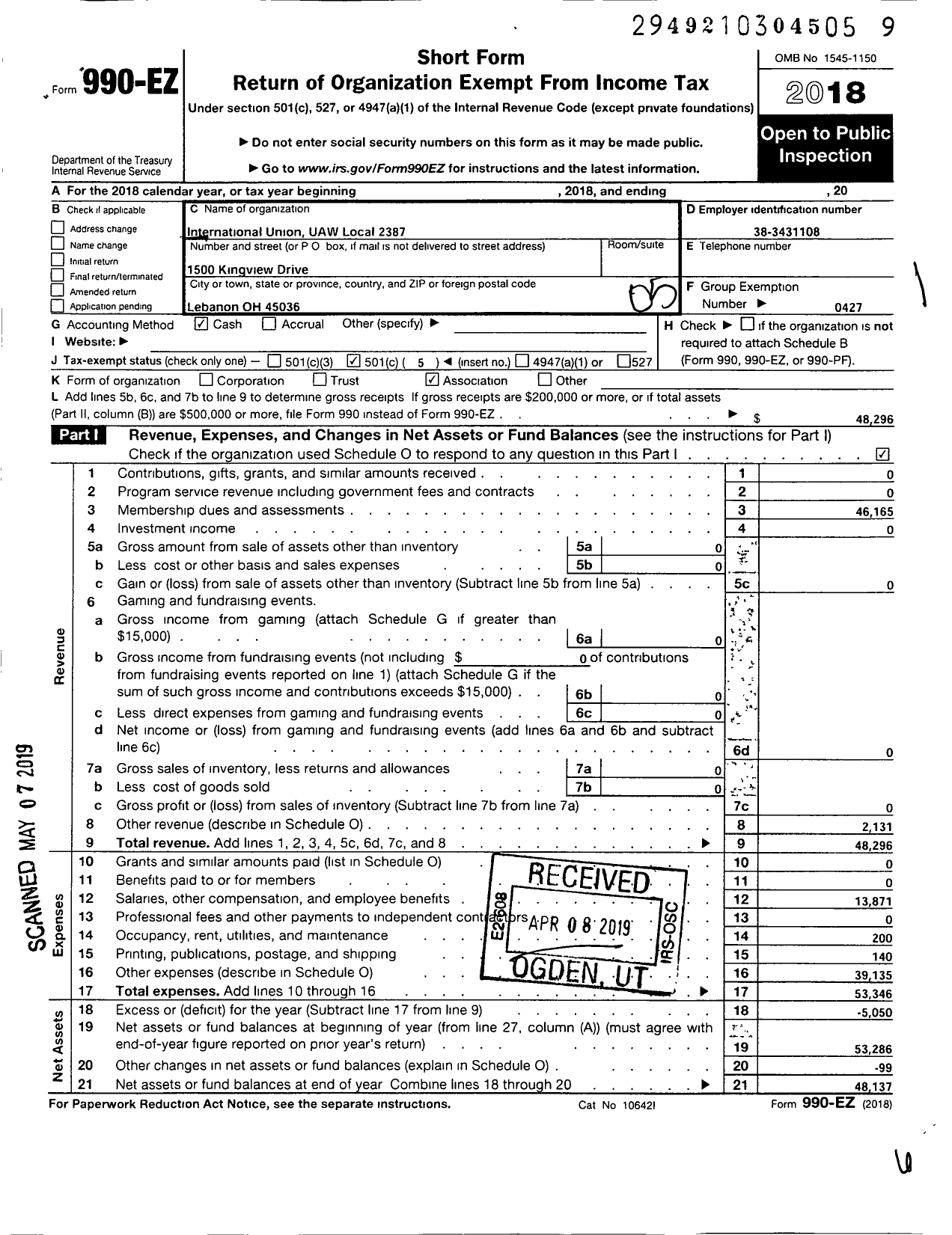 Image of first page of 2018 Form 990EO for Uaw - 2387 Uaw Local