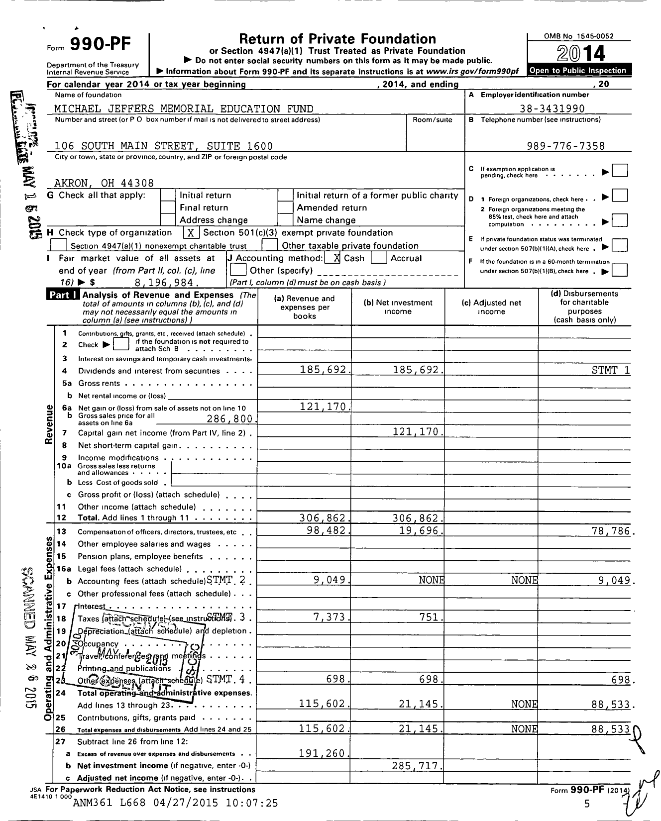 Image of first page of 2014 Form 990PF for Michael Jeffers Memorial Education Fund