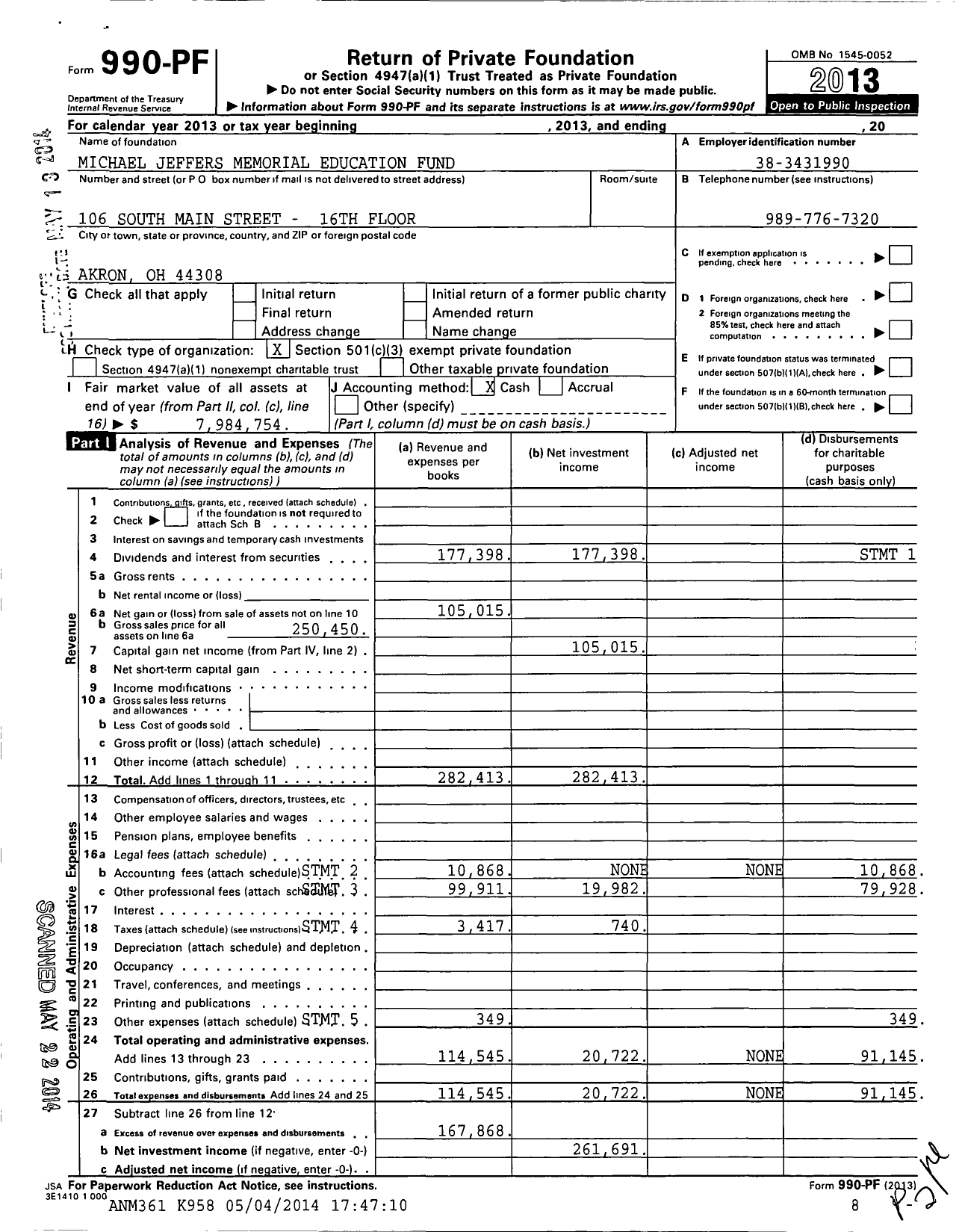 Image of first page of 2013 Form 990PF for Michael Jeffers Memorial Education Fund