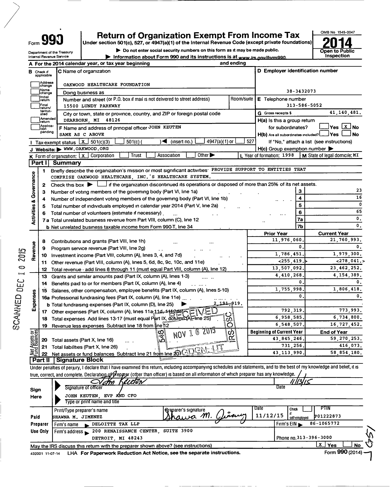 Image of first page of 2014 Form 990 for Oakwood Healthcare System Foundation