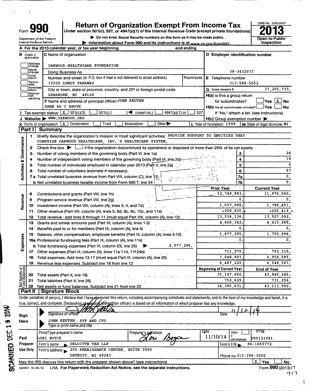 Image of first page of 2013 Form 990 for Oakwood Healthcare System Foundation