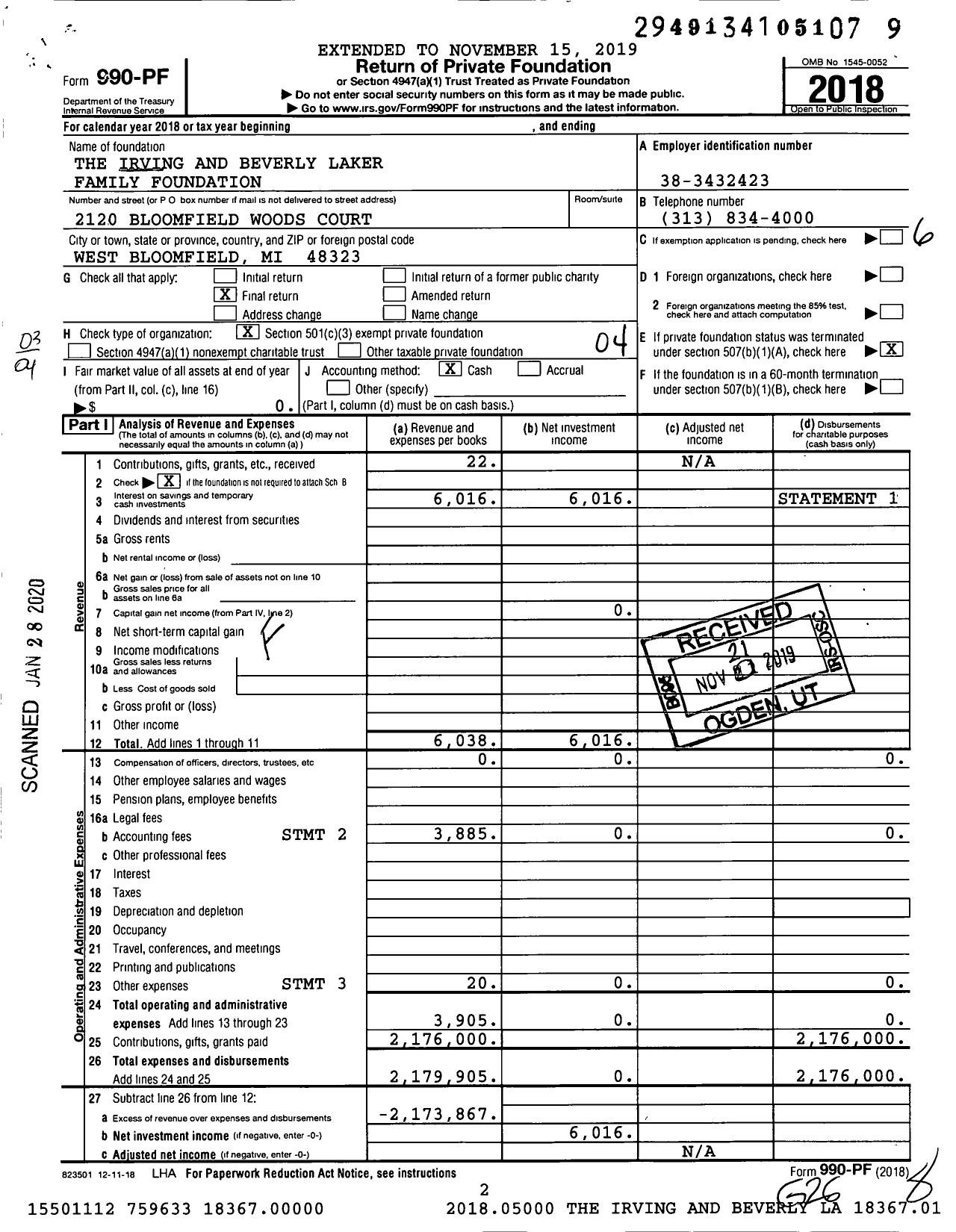 Image of first page of 2018 Form 990PF for The Irving and Beverly Laker Family Foundation