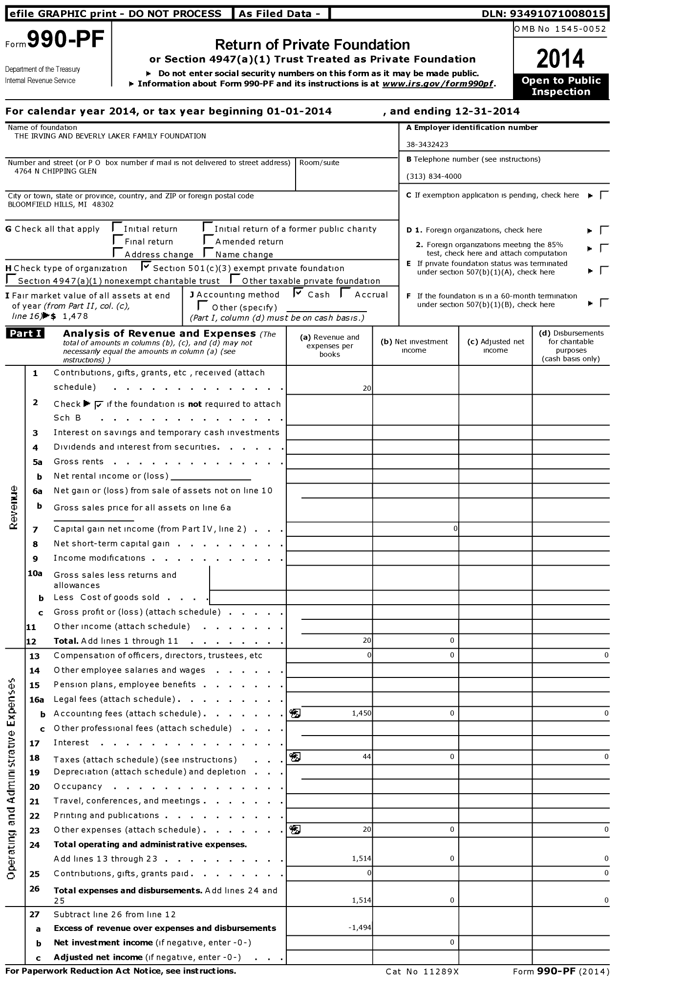 Image of first page of 2014 Form 990PF for The Irving and Beverly Laker Family Foundation