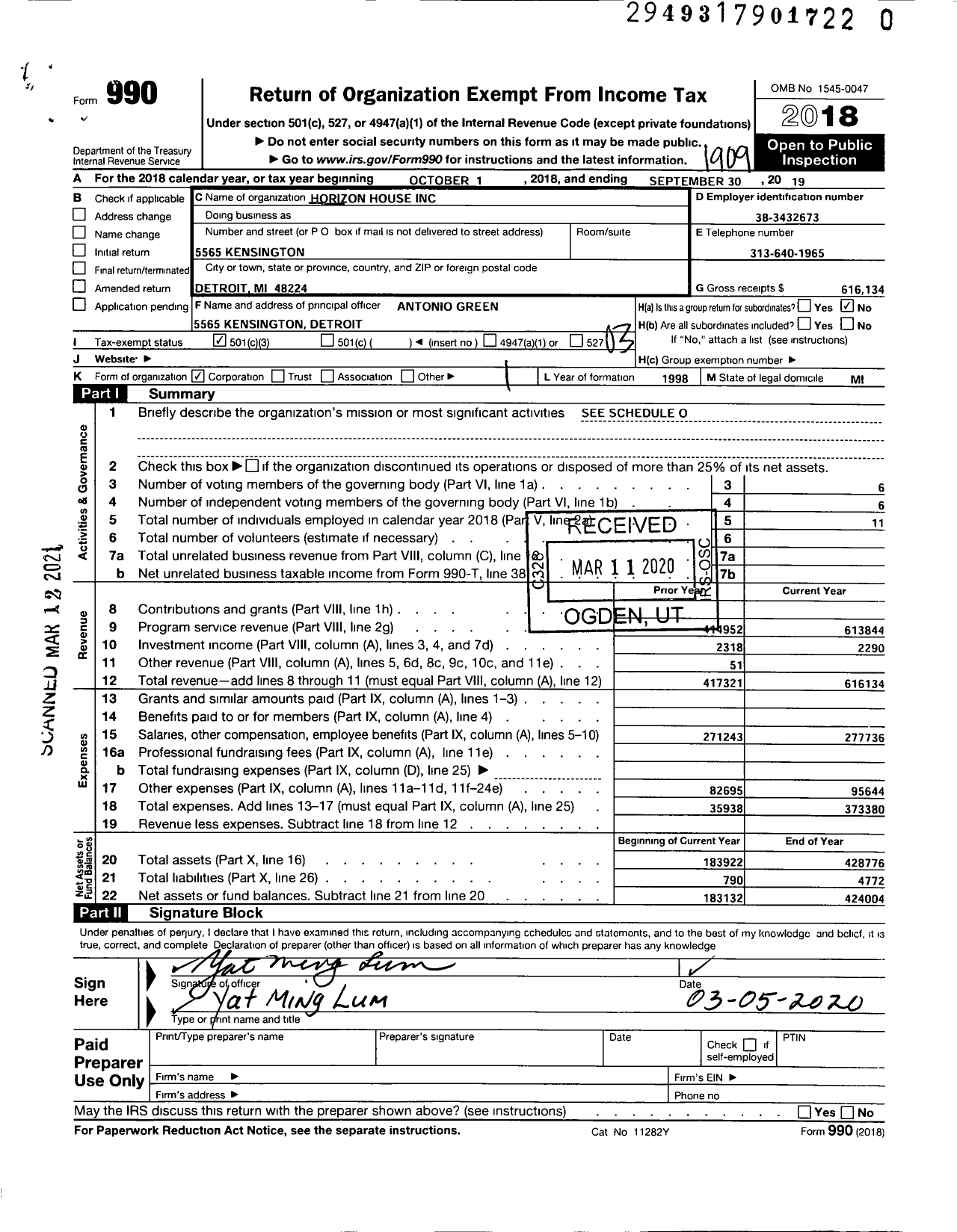 Image of first page of 2018 Form 990 for Horizon House