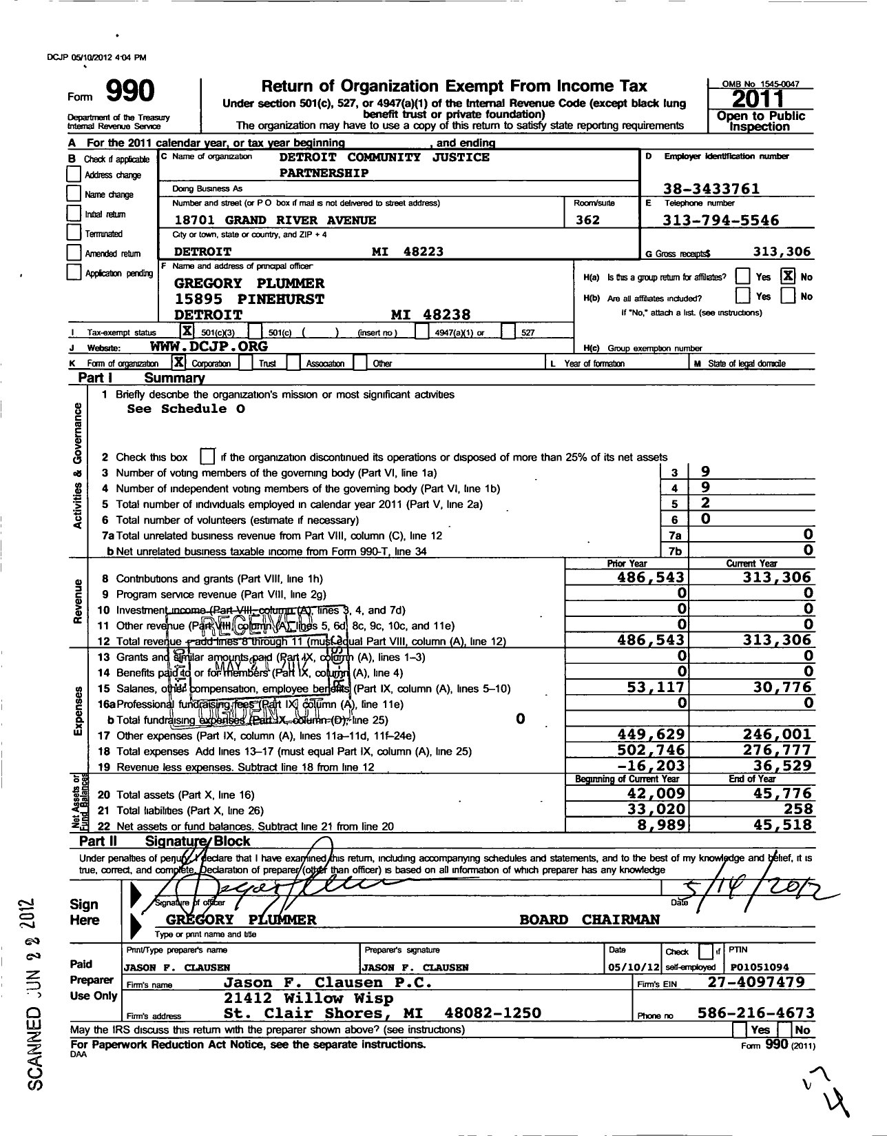 Image of first page of 2011 Form 990 for Detroit Community Justice Partnership