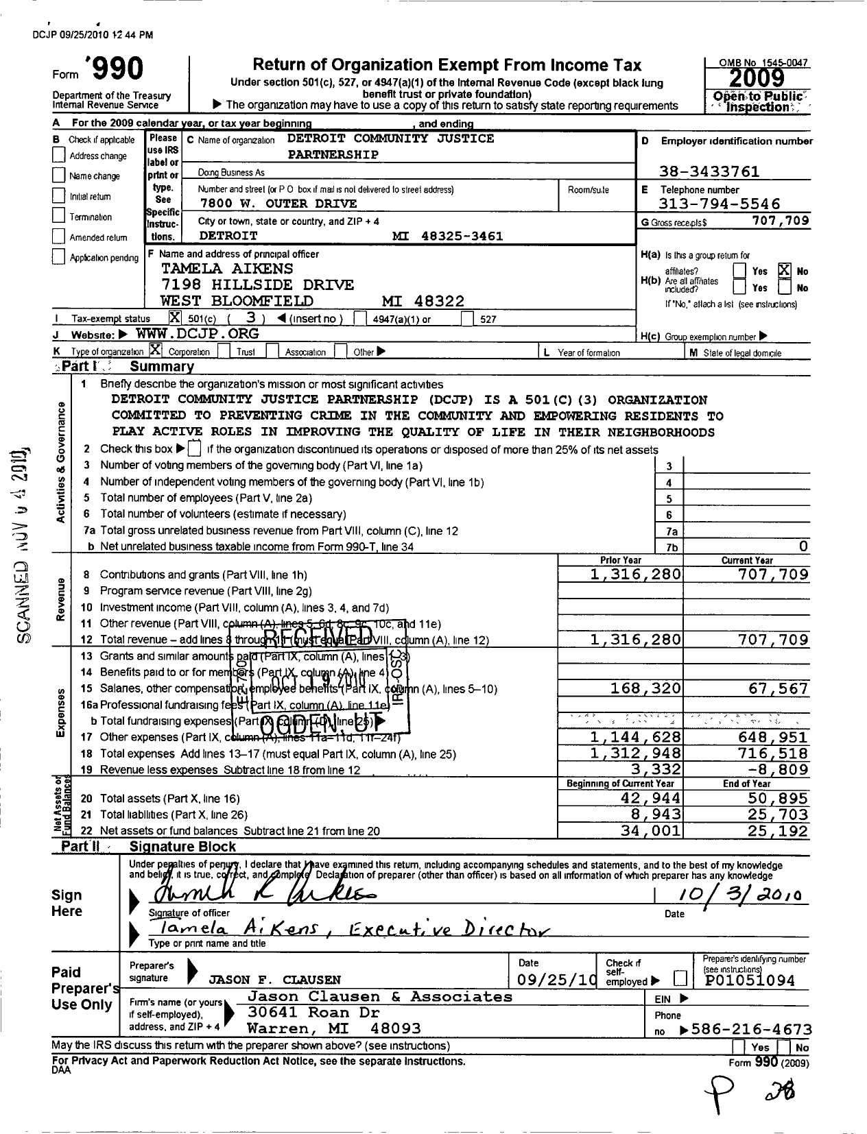 Image of first page of 2009 Form 990 for Detroit Community Justice Partnership