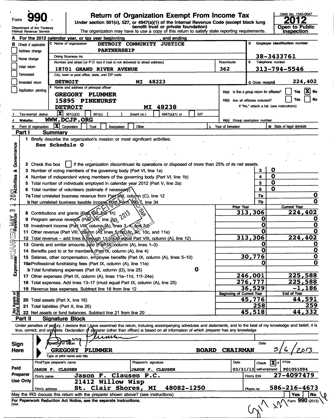 Image of first page of 2012 Form 990 for Detroit Community Justice Partnership