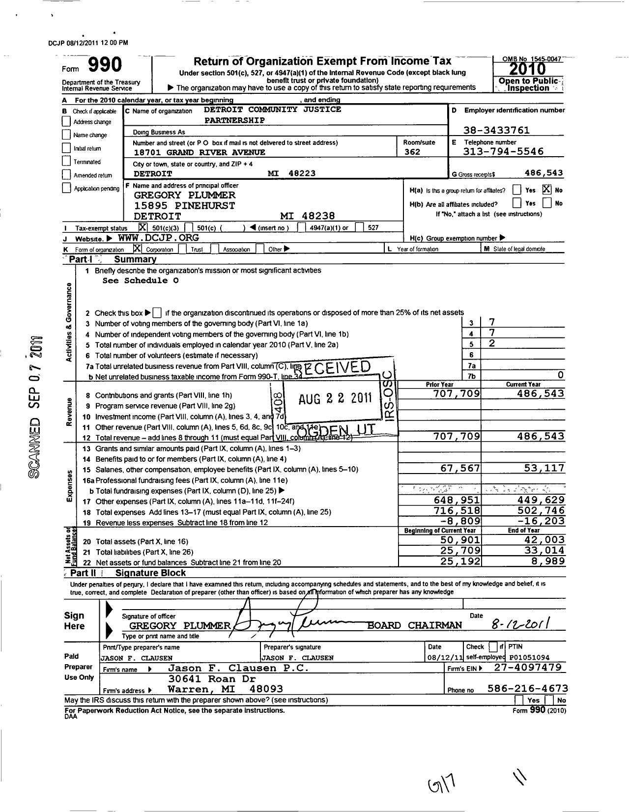 Image of first page of 2010 Form 990 for Detroit Community Justice Partnership