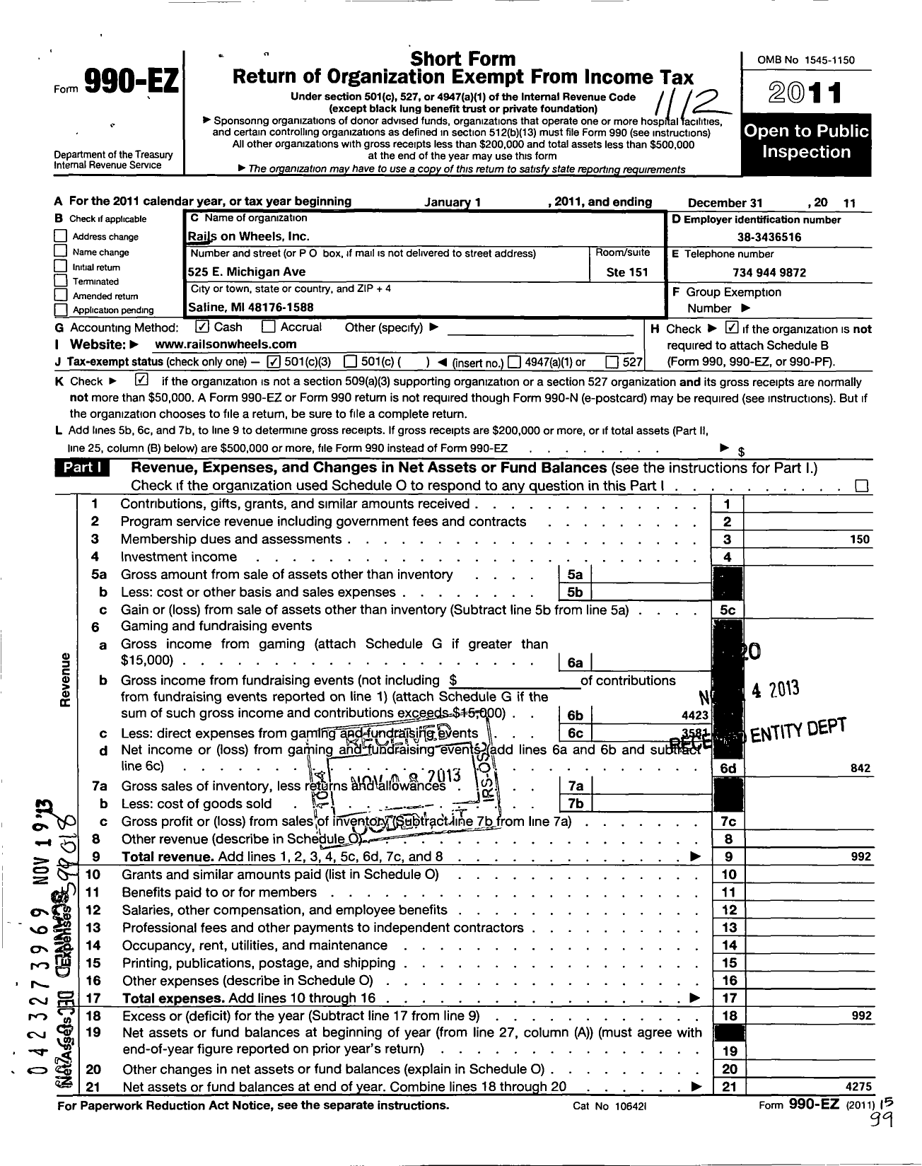 Image of first page of 2011 Form 990EZ for Rails on Wheels