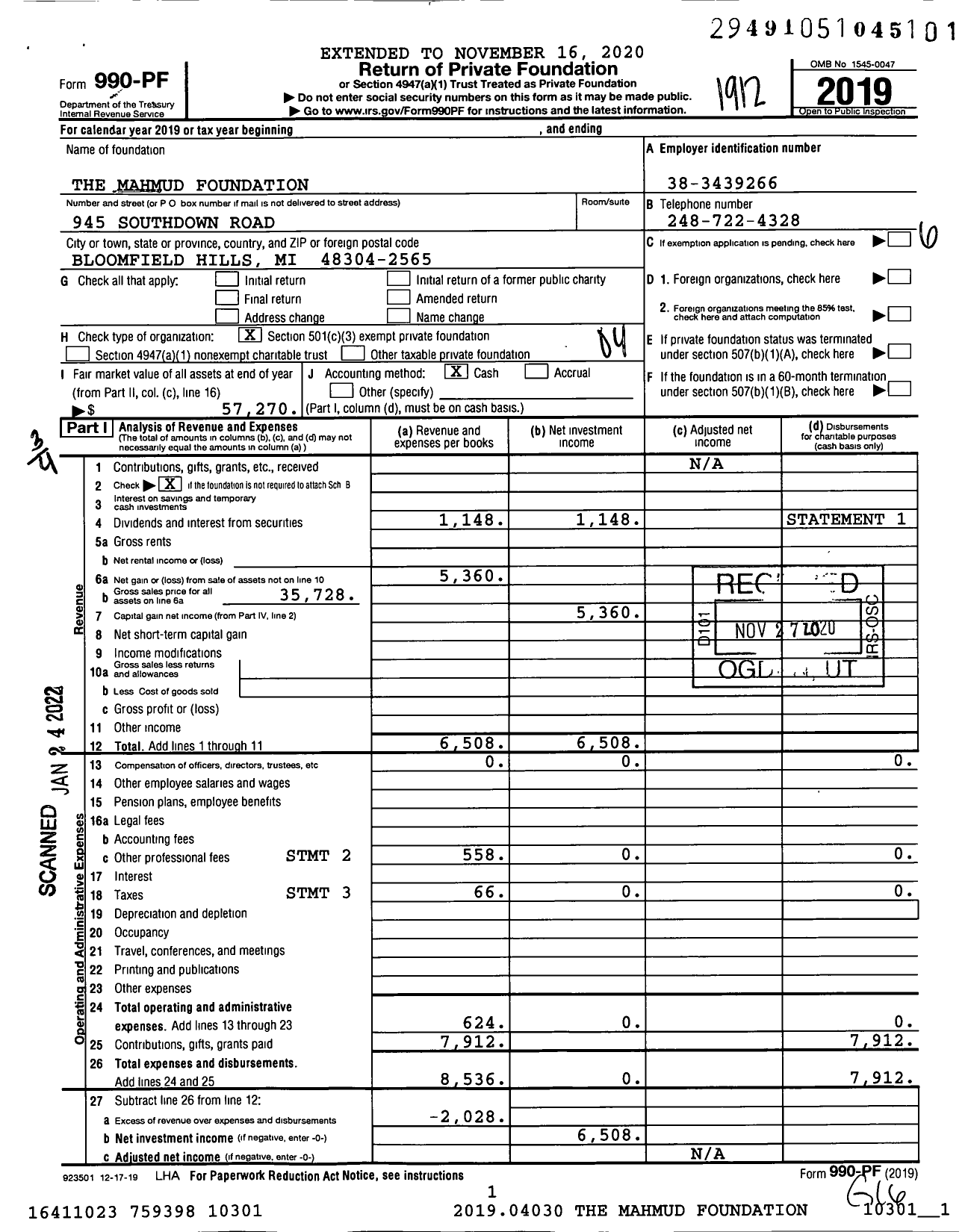 Image of first page of 2019 Form 990PF for The Mahmud Foundation