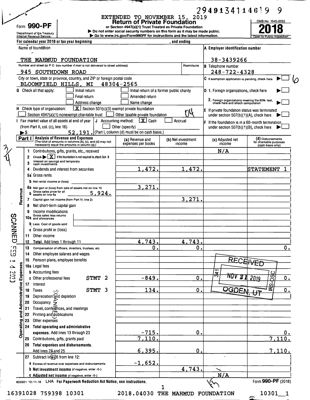 Image of first page of 2018 Form 990PF for The Mahmud Foundation