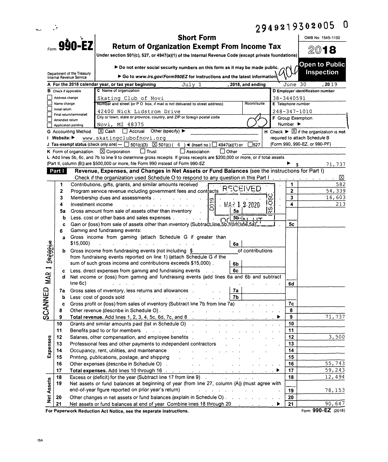 Image of first page of 2018 Form 990EZ for Skating Club of Novi