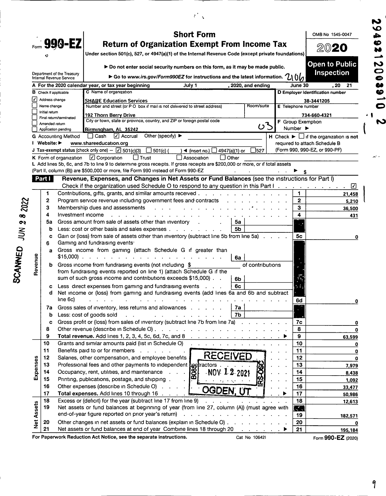 Image of first page of 2020 Form 990EZ for Share Education Services
