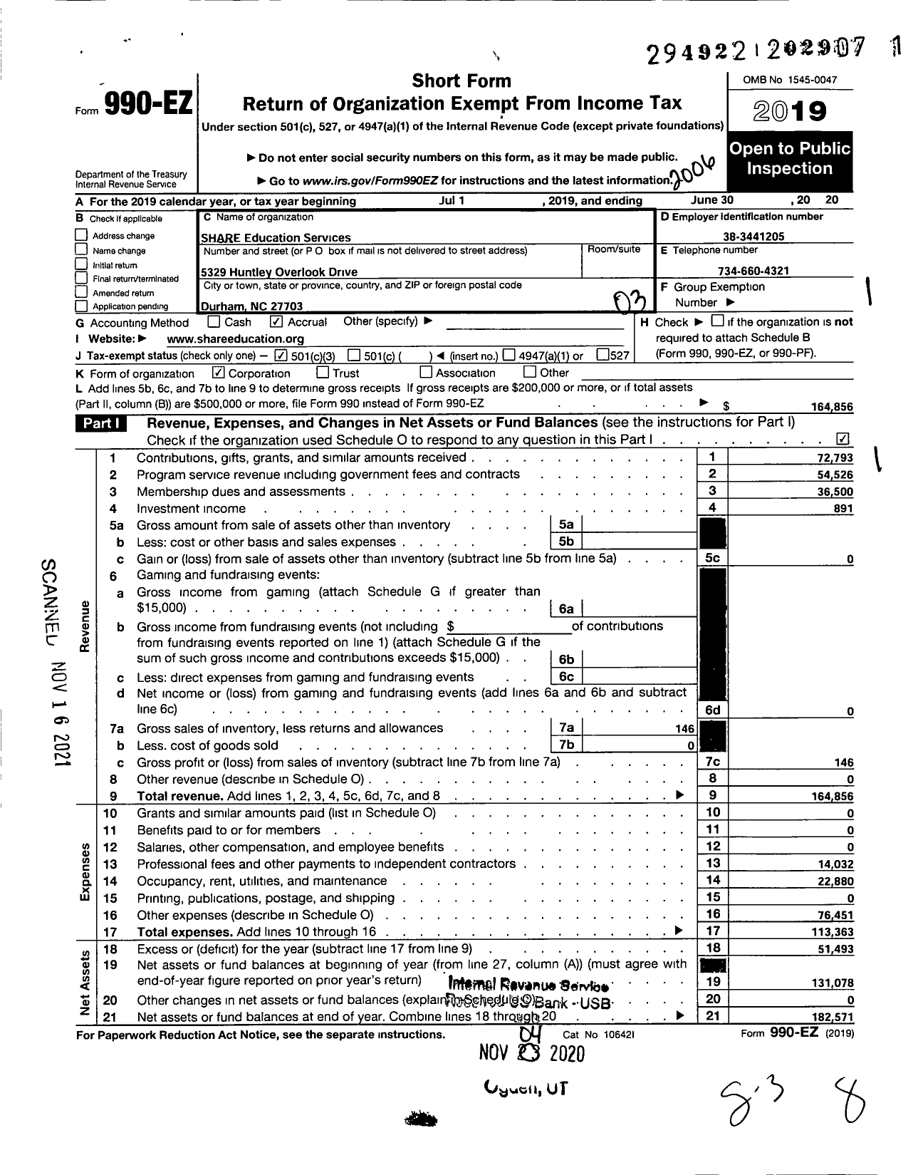 Image of first page of 2019 Form 990EZ for Share Education Services