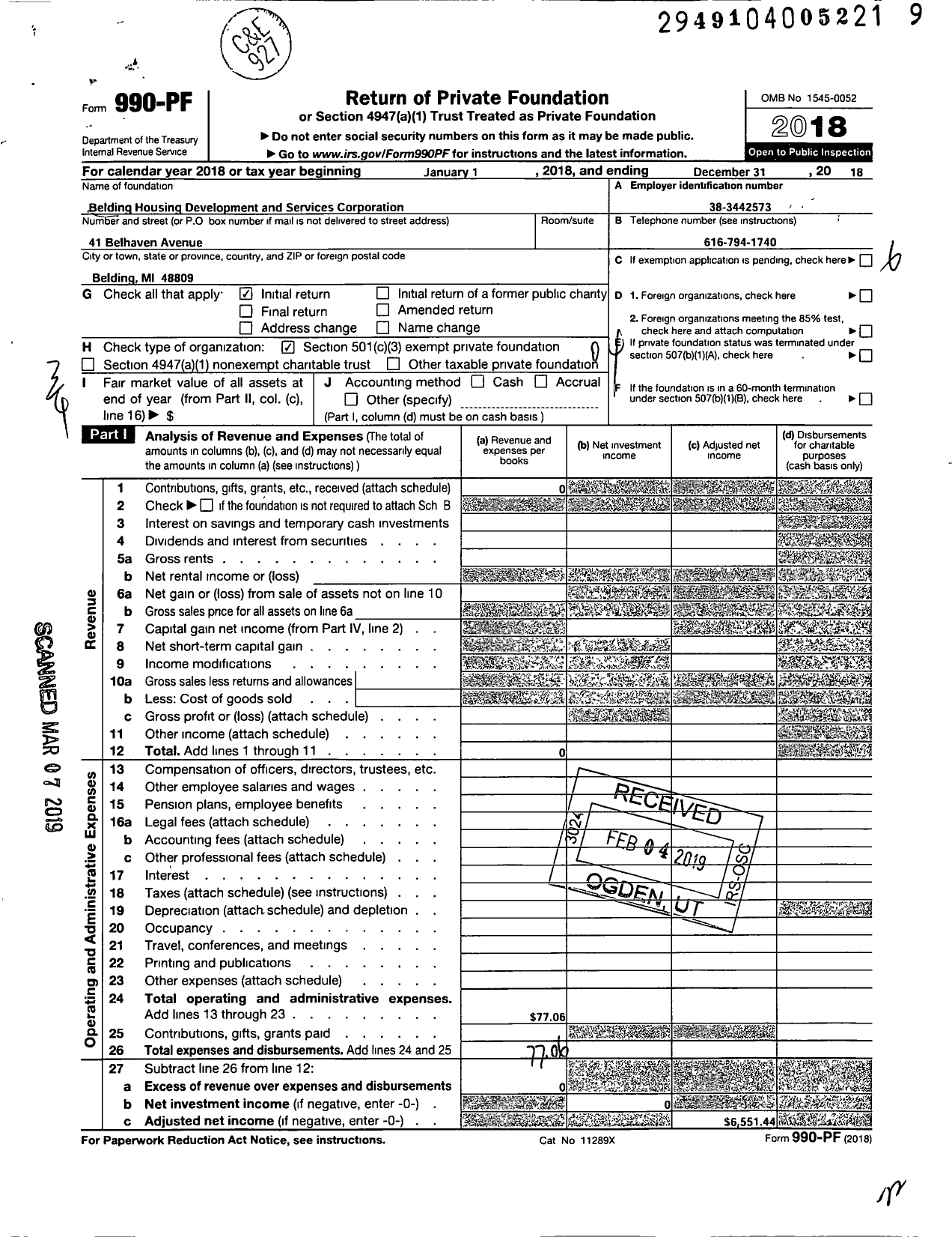 Image of first page of 2018 Form 990PF for Belding Housing Development and Services Corporation