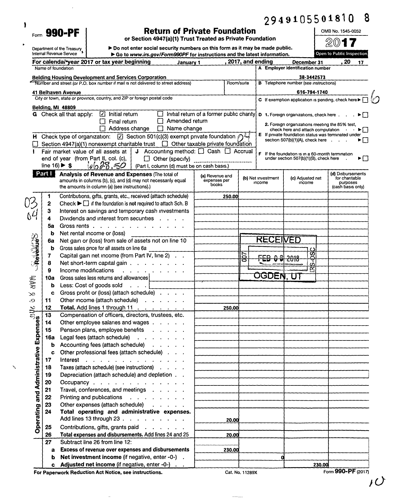 Image of first page of 2017 Form 990PF for Belding Housing Development and Services Corporation