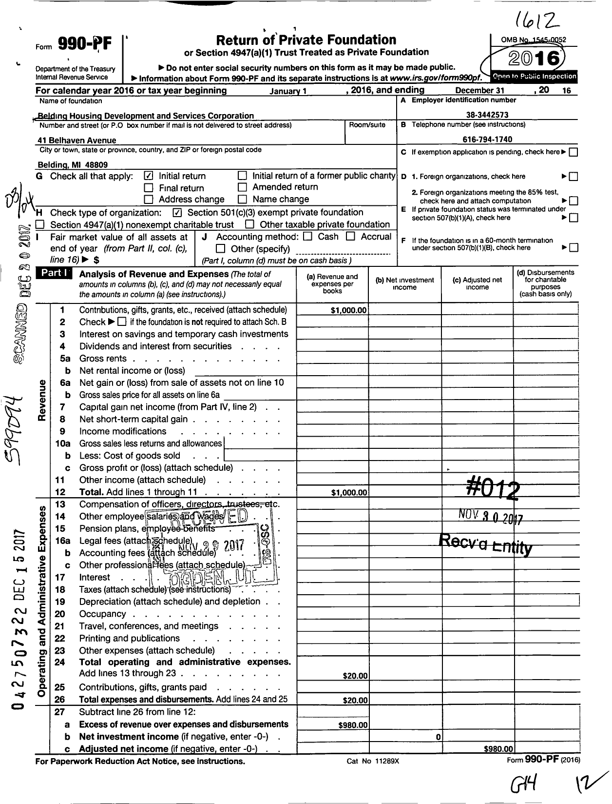 Image of first page of 2016 Form 990PF for Belding Housing Development and Services Corporation