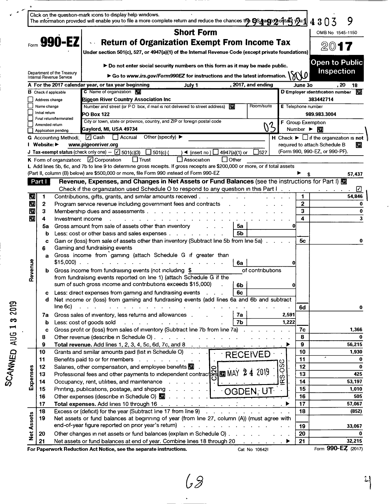 Image of first page of 2017 Form 990EZ for Pigeon River Country Association