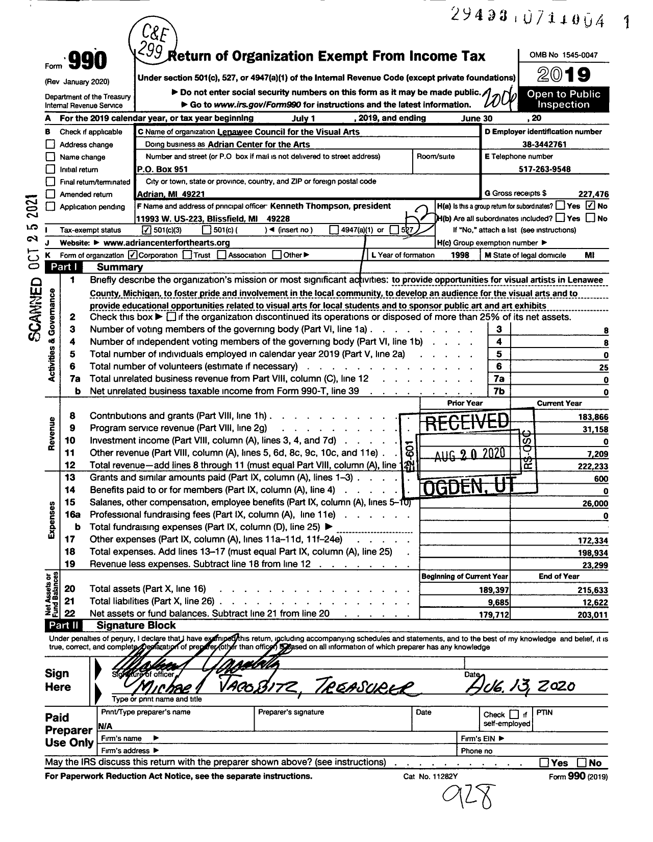 Image of first page of 2019 Form 990 for Adrian Center for the Arts