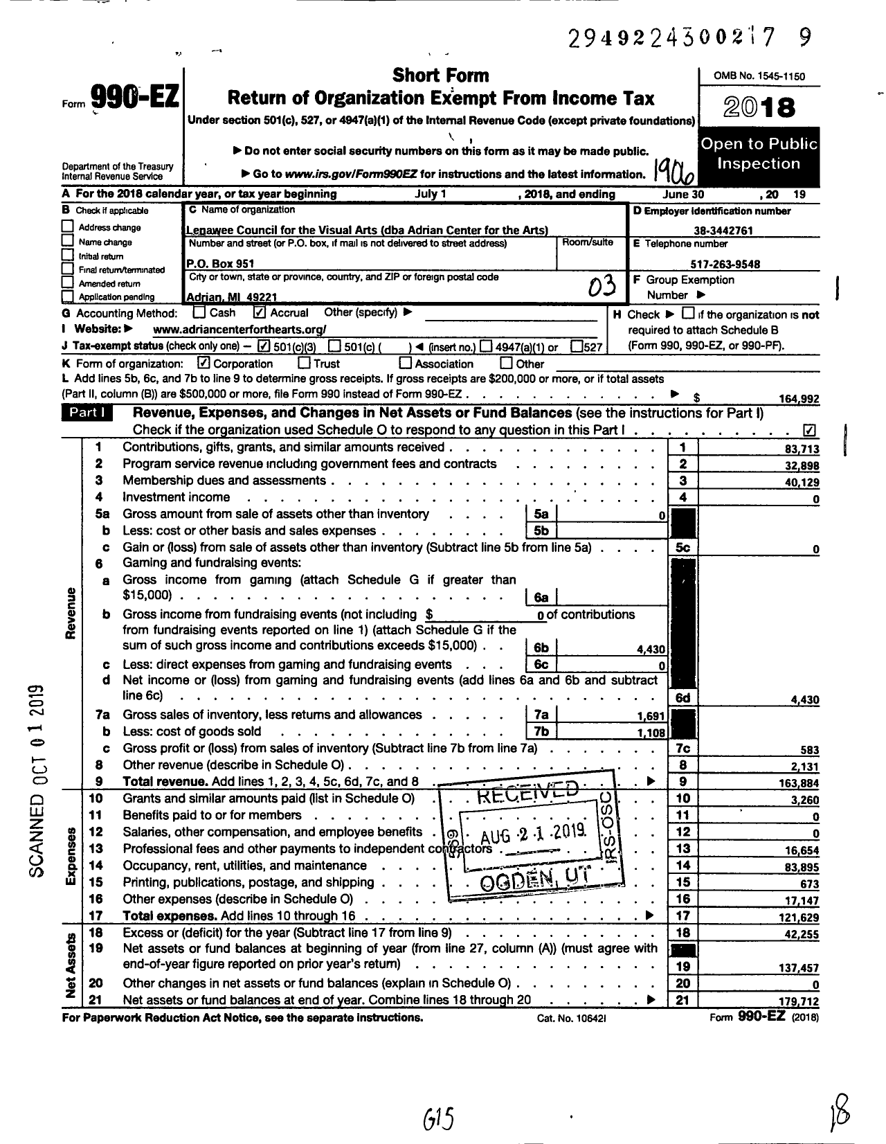 Image of first page of 2018 Form 990EZ for Adrian Center for the Arts