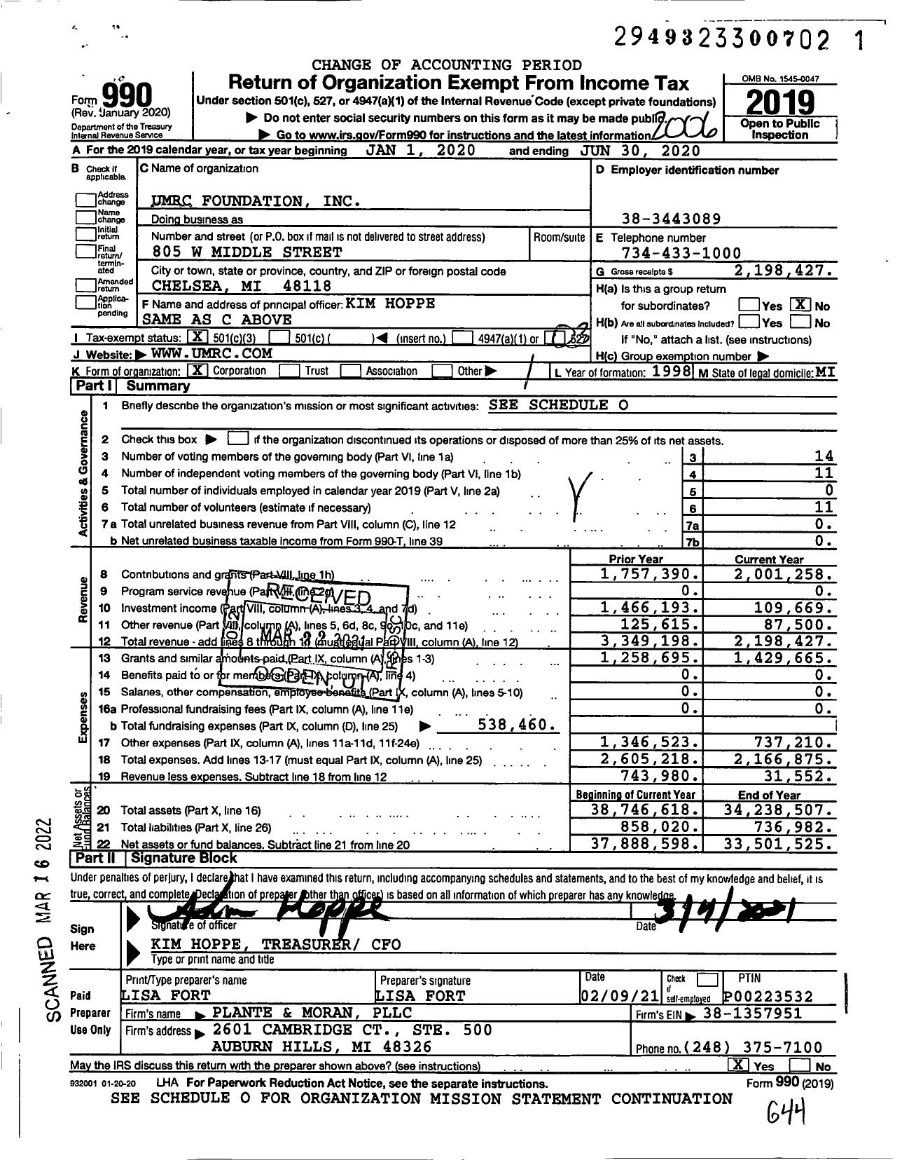 Image of first page of 2019 Form 990 for Umrc-Porter Hills Foundation