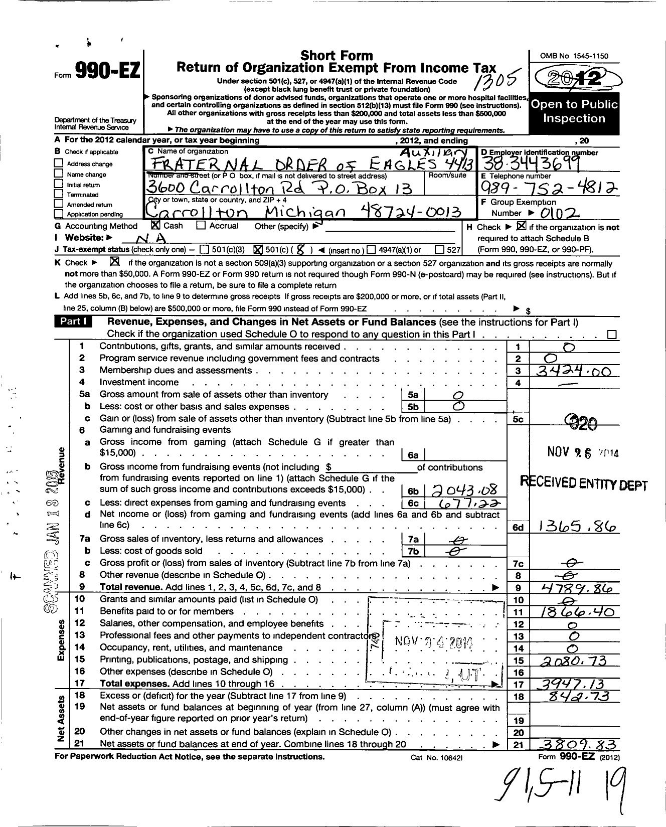 Image of first page of 2012 Form 990EO for Fraternal Order of Eagles - 4413 Aux