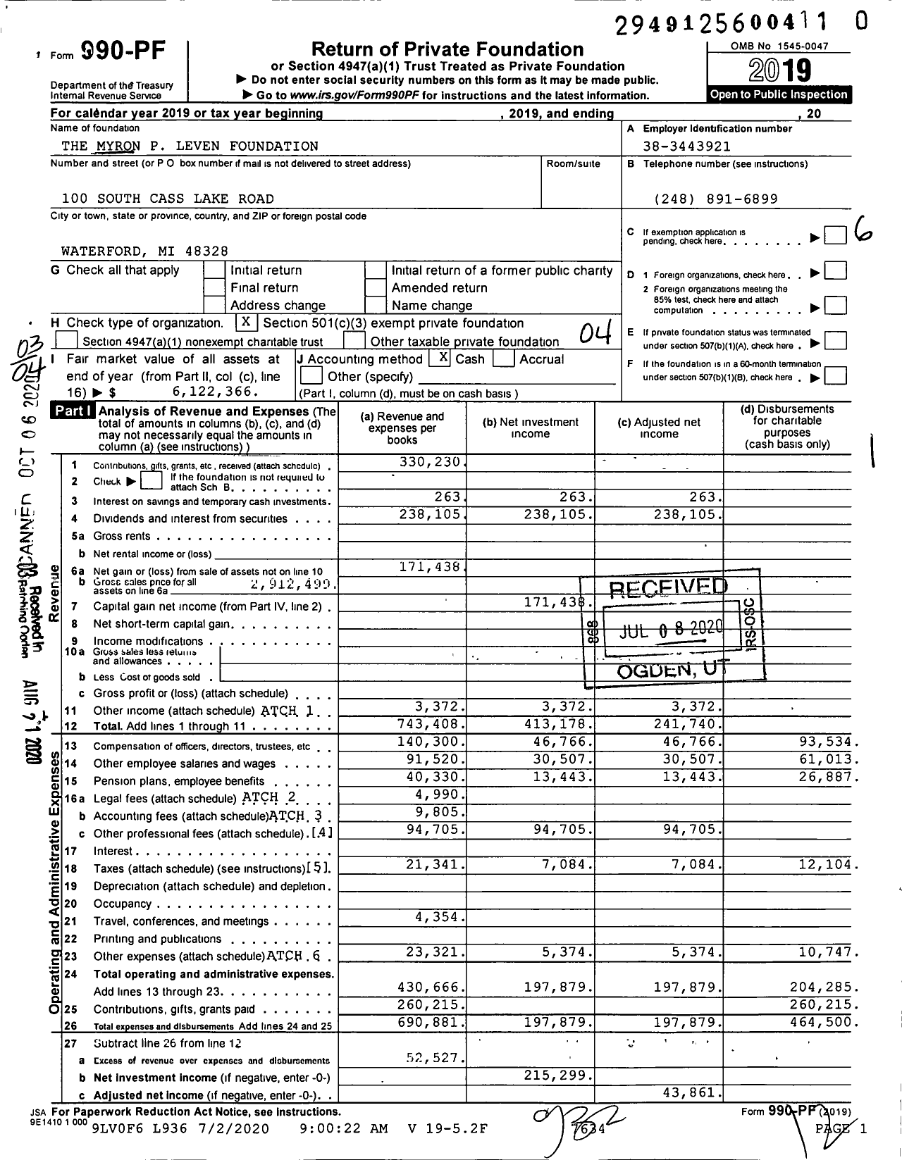 Image of first page of 2019 Form 990PR for The Myron P Leven Foundation